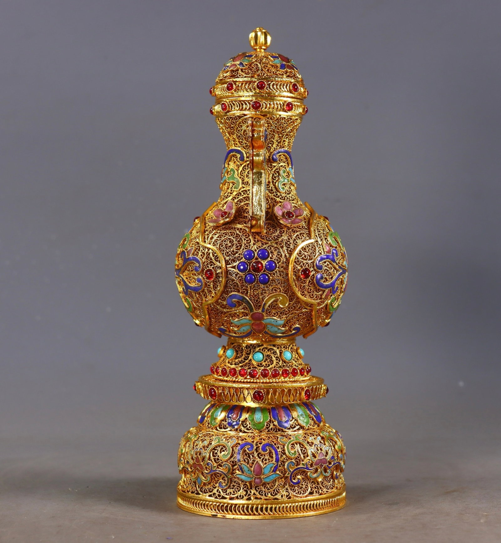 An Exquisite Filigree and Gilding Lotus Pattern Double-Ears Bottle,Inlaid Turquoise and Gems - 4