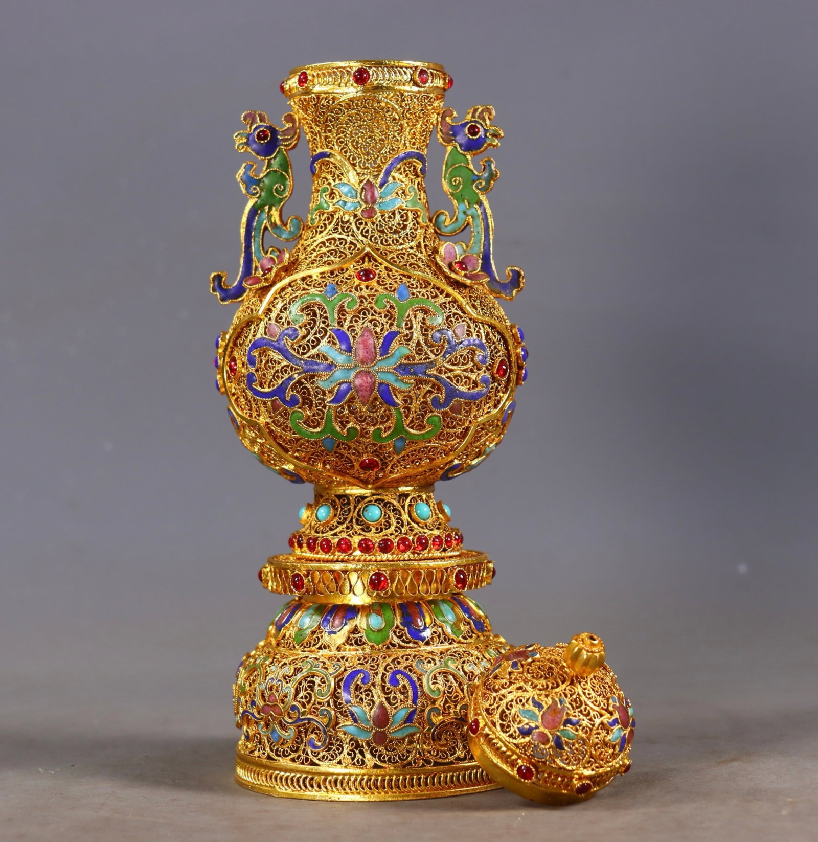An Exquisite Filigree and Gilding Lotus Pattern Double-Ears Bottle,Inlaid Turquoise and Gems - 5