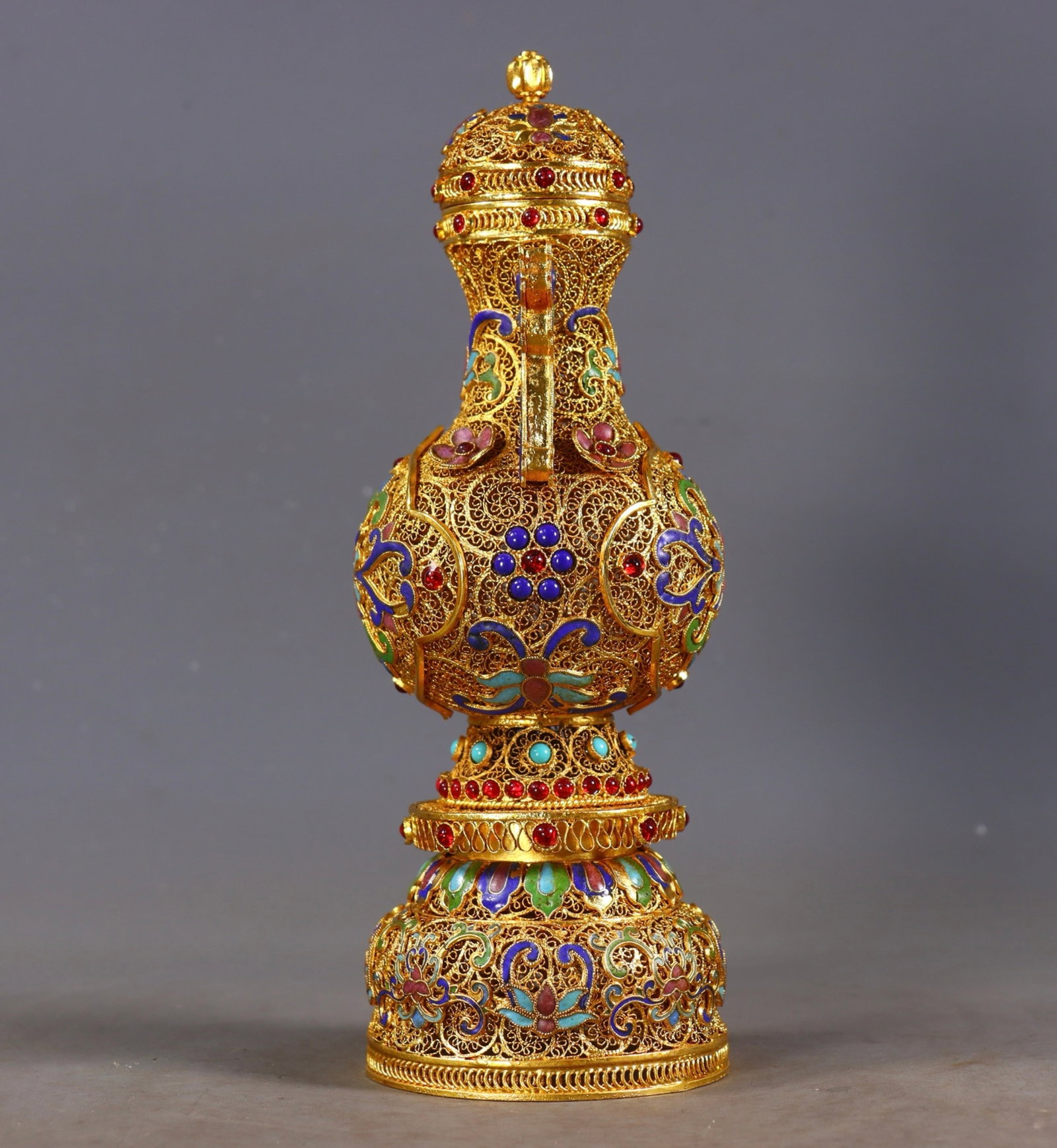 An Exquisite Filigree and Gilding Lotus Pattern Double-Ears Bottle,Inlaid Turquoise and Gems - 6