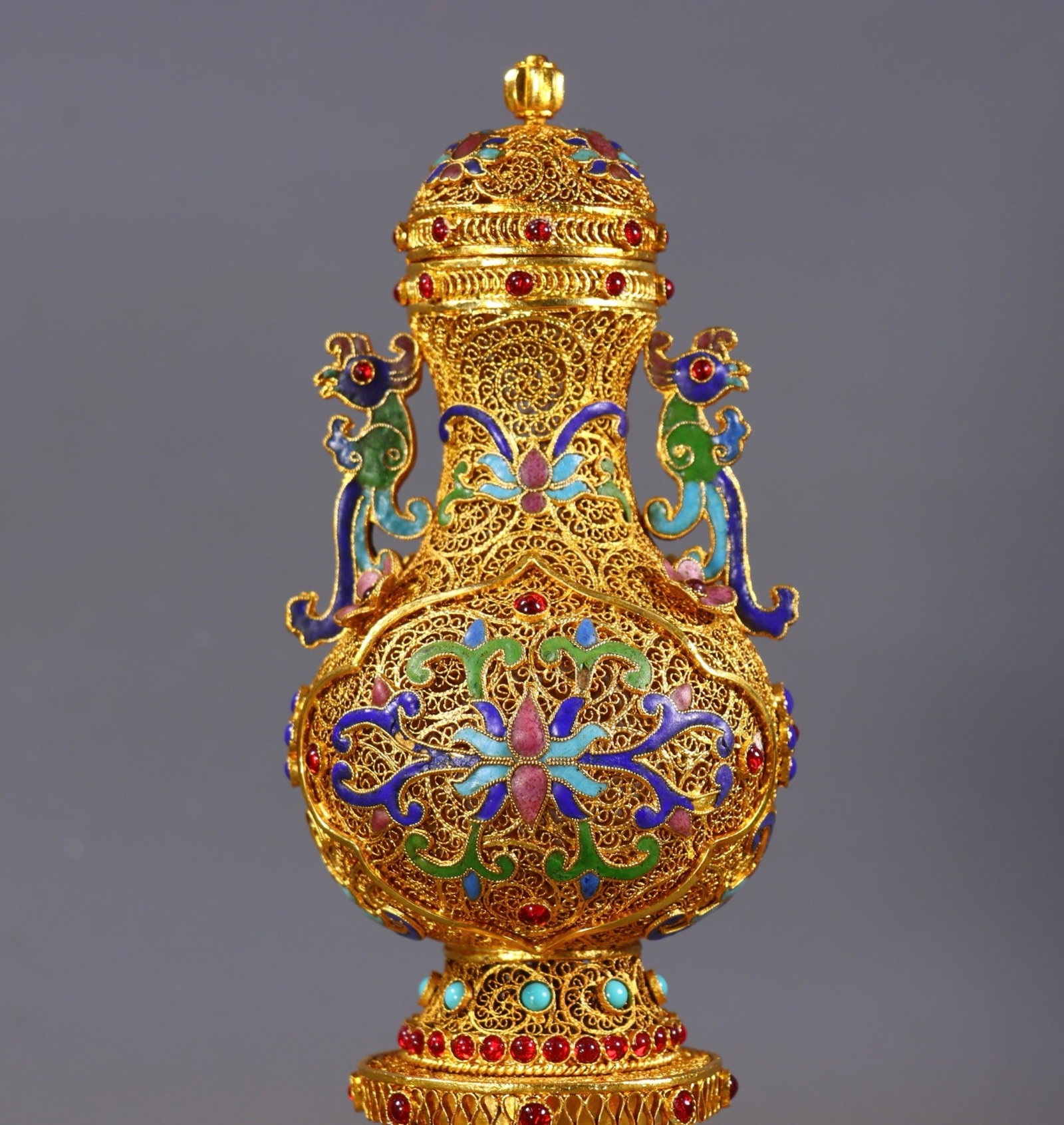 An Exquisite Filigree and Gilding Lotus Pattern Double-Ears Bottle,Inlaid Turquoise and Gems - 7