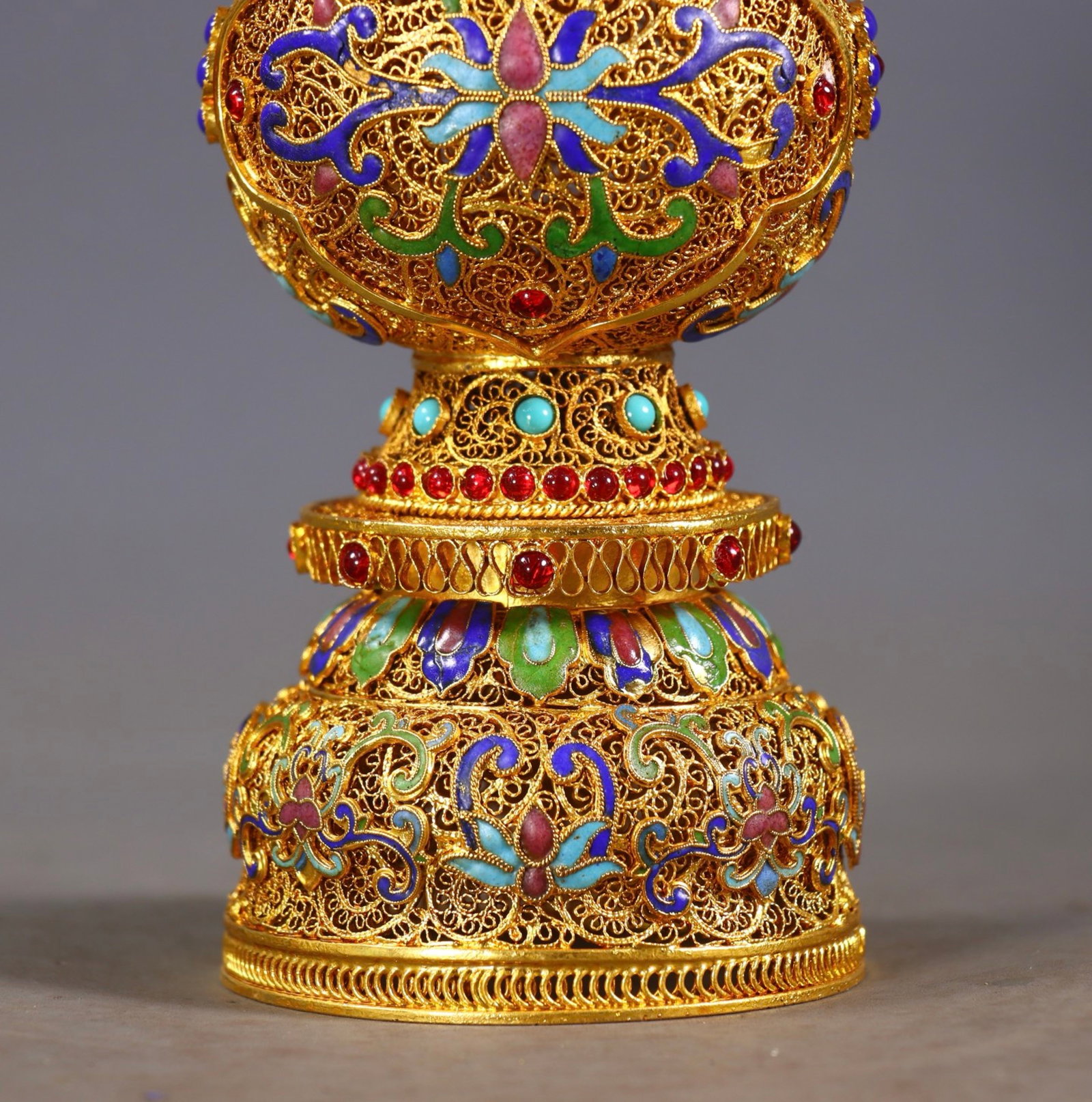 An Exquisite Filigree and Gilding Lotus Pattern Double-Ears Bottle,Inlaid Turquoise and Gems - 8