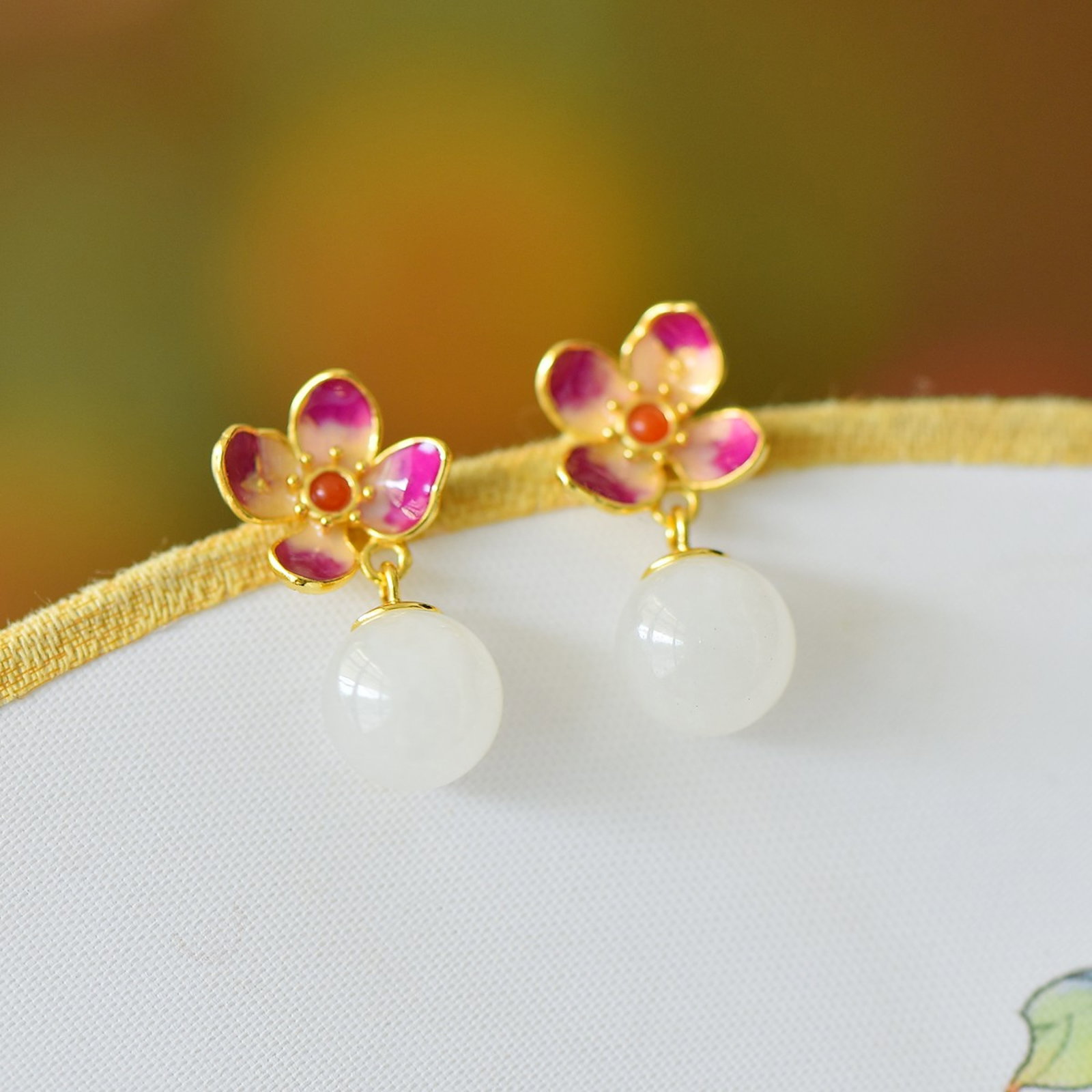A Pair of Exquisite Sterling Silver-Gold Plated Inlaid White Jade Earrings - 2