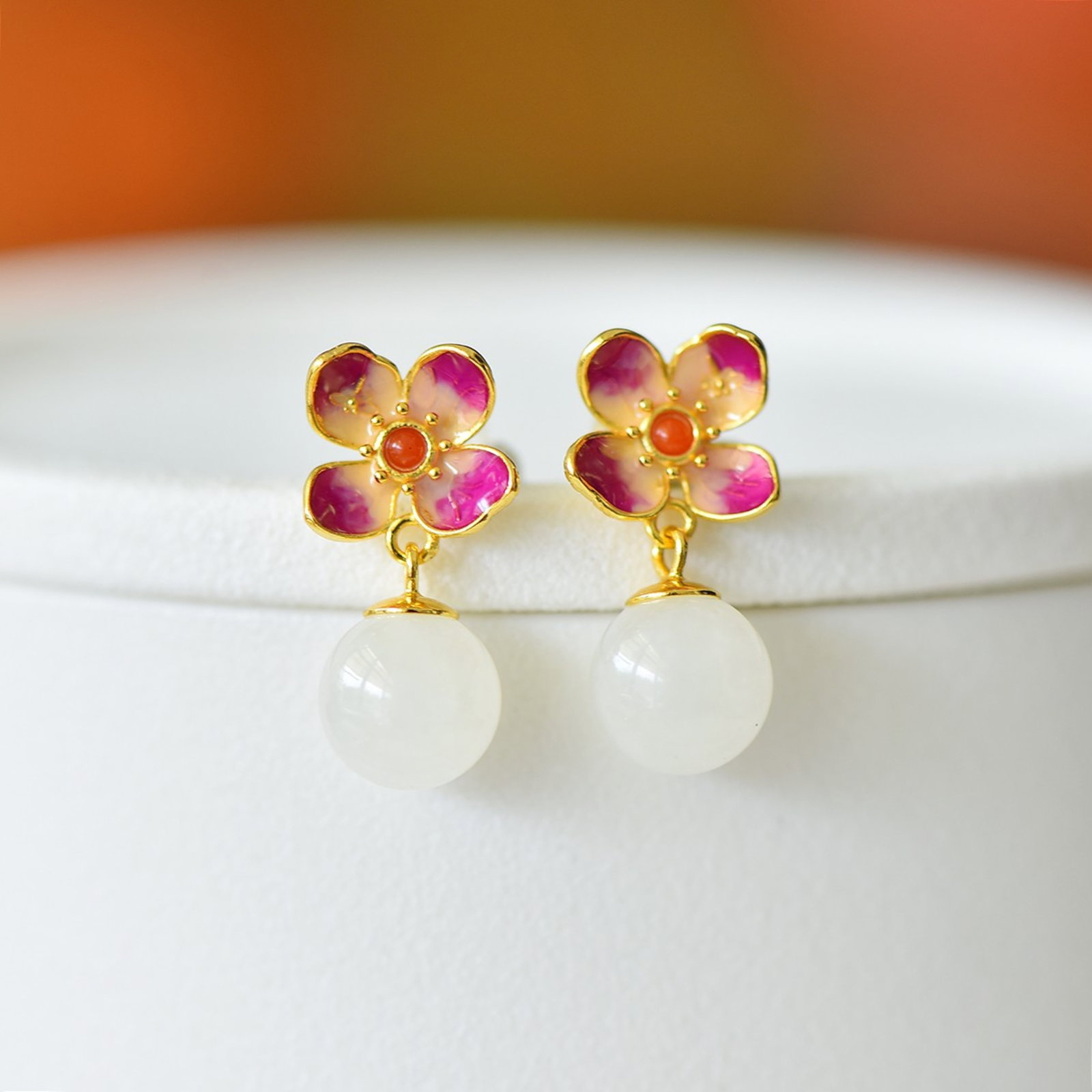 A Pair of Exquisite Sterling Silver-Gold Plated Inlaid White Jade Earrings - 3