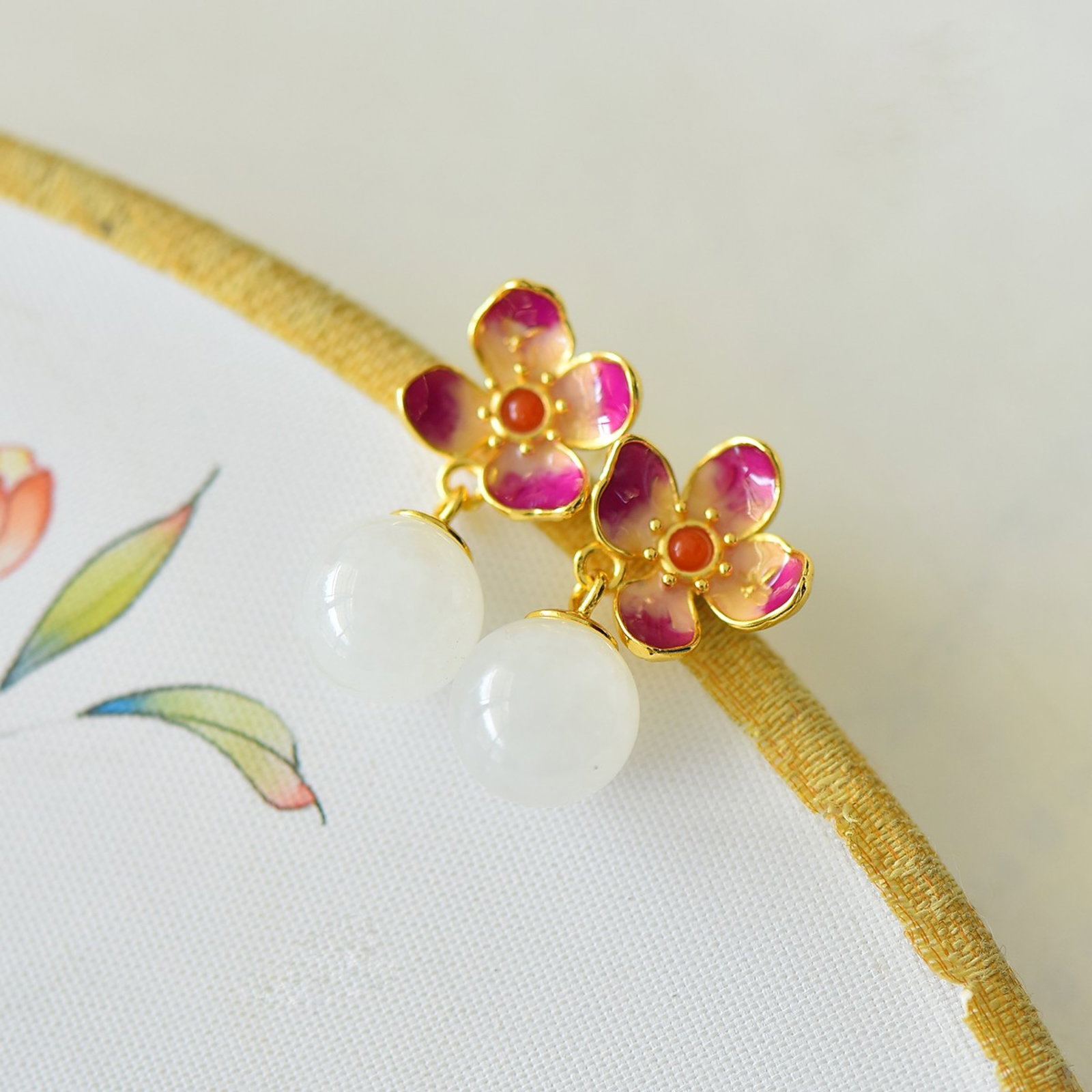 A Pair of Exquisite Sterling Silver-Gold Plated Inlaid White Jade Earrings - 4