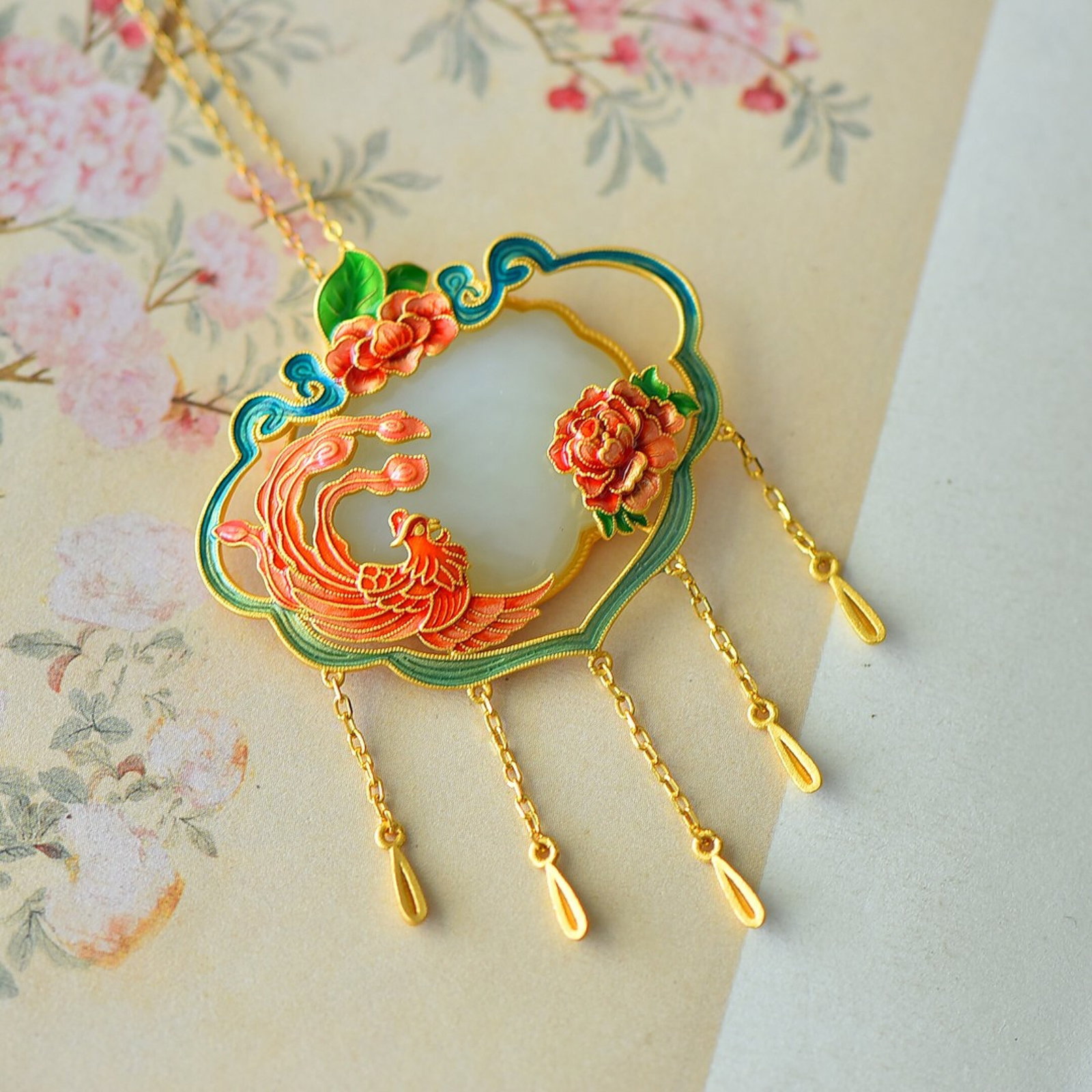 An Exquisite Sterling Silver-Gold Plated Inlaid White Jade Enamel Pendant - 2