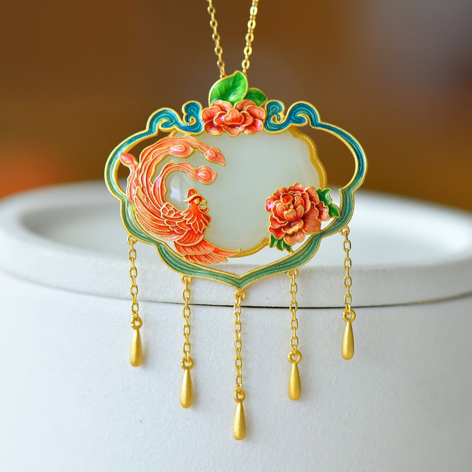 An Exquisite Sterling Silver-Gold Plated Inlaid White Jade Enamel Pendant - 3