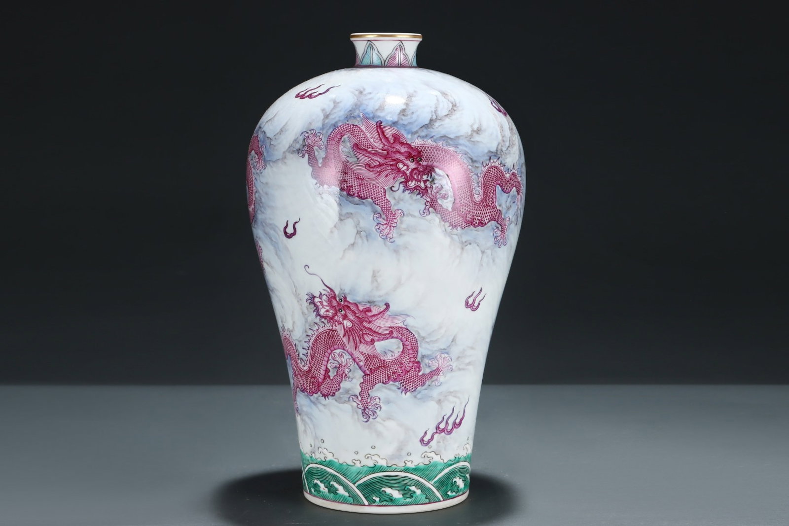 A Rare Ink Color Ruby Red-Glazed Painted Gold Seawater Dragon Pattern Vase,With Vertical Scroll P... - 2