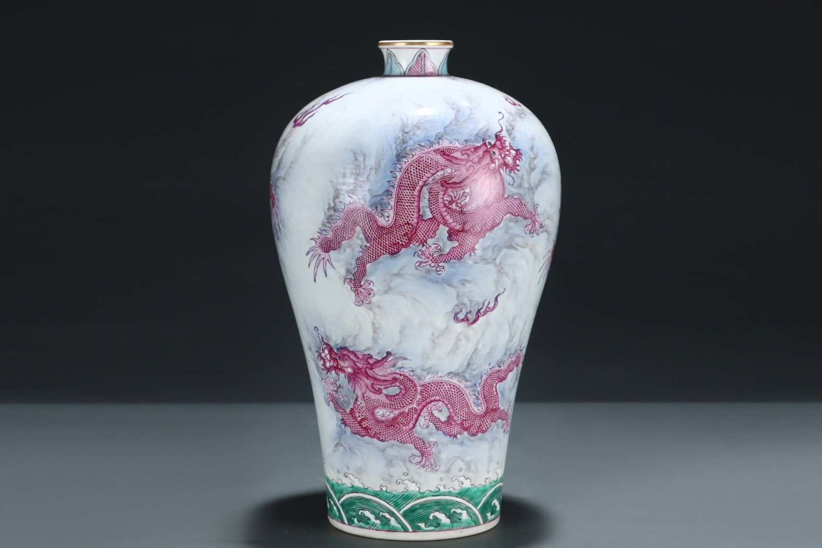 A Rare Ink Color Ruby Red-Glazed Painted Gold Seawater Dragon Pattern Vase,With Vertical Scroll P... - 3