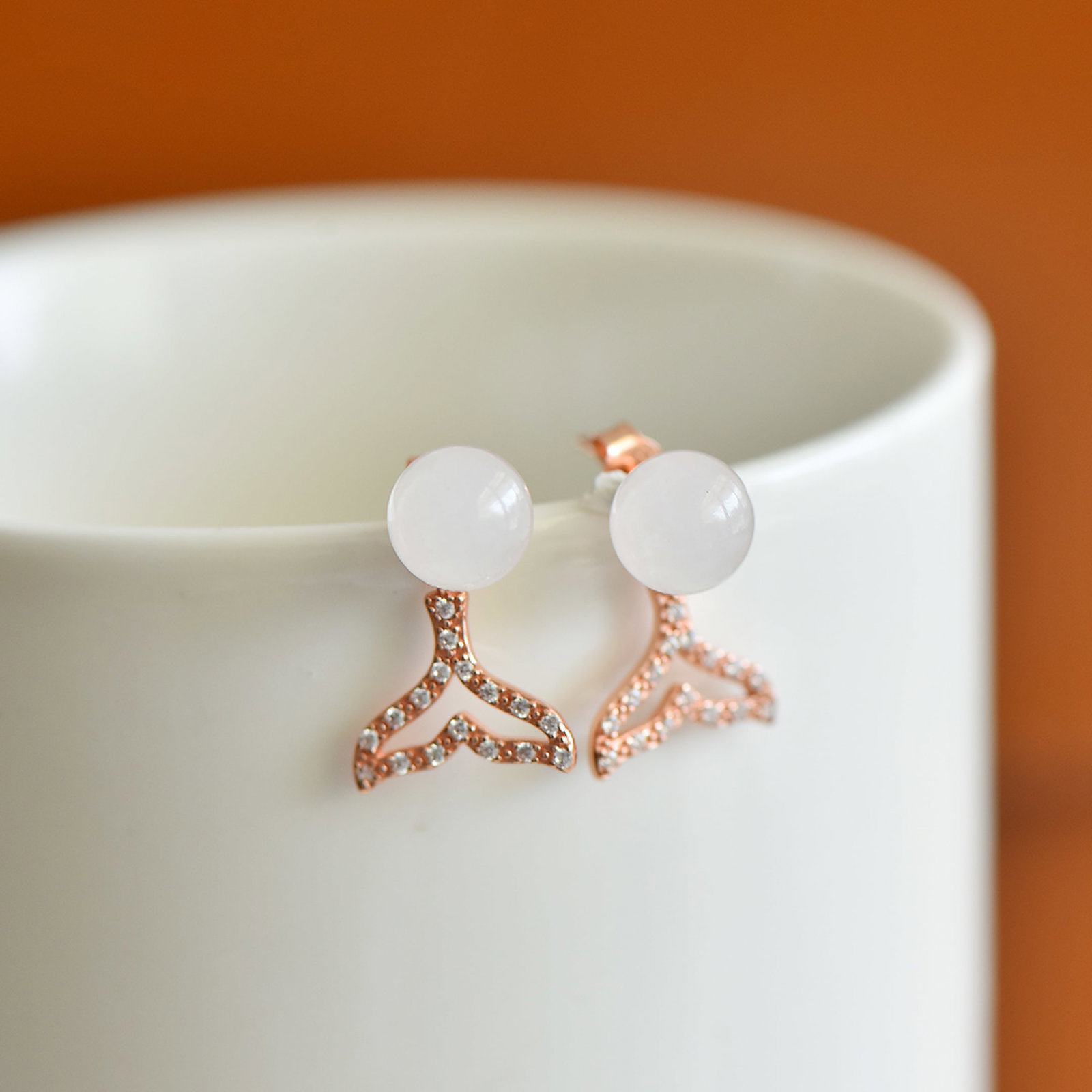 A Pair of Exquisite Sterling Silver-Gold Plated Inlaid White Jade Earrings,Inlaid Diamonds - 2