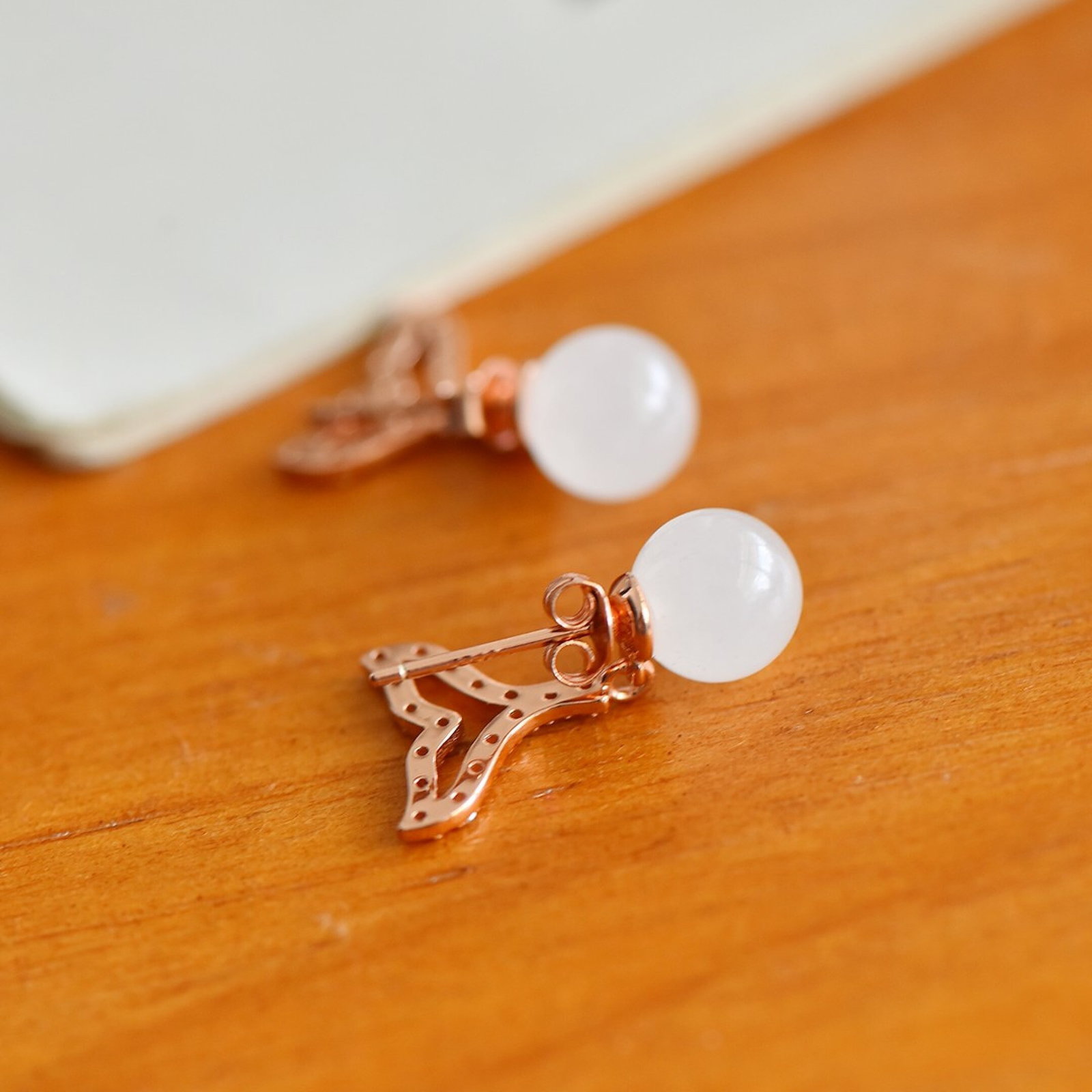 A Pair of Exquisite Sterling Silver-Gold Plated Inlaid White Jade Earrings,Inlaid Diamonds - 4