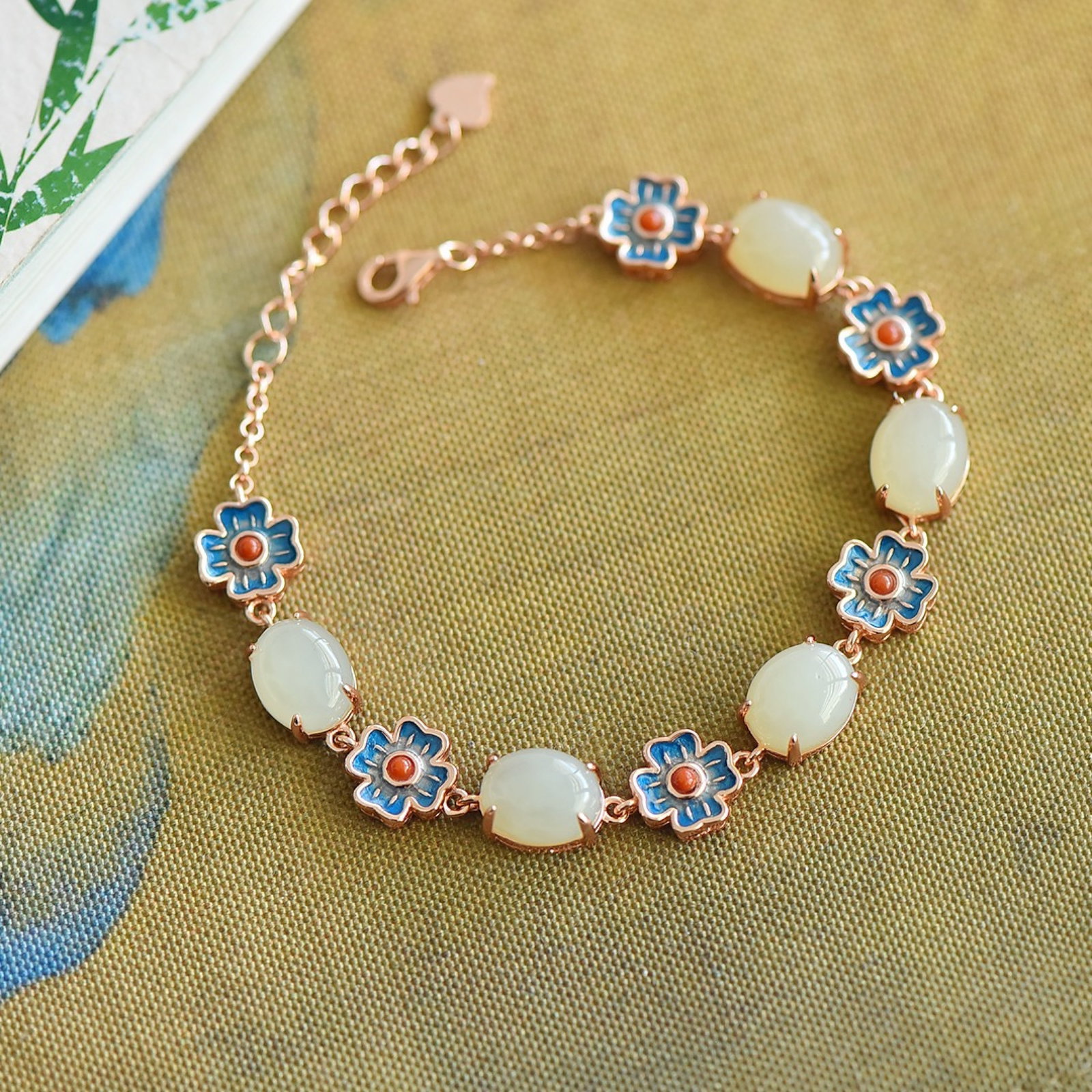 An Exquisite Sterling Silver-Gold Plated Inlaid White Jade Enamel Bracelets - 2