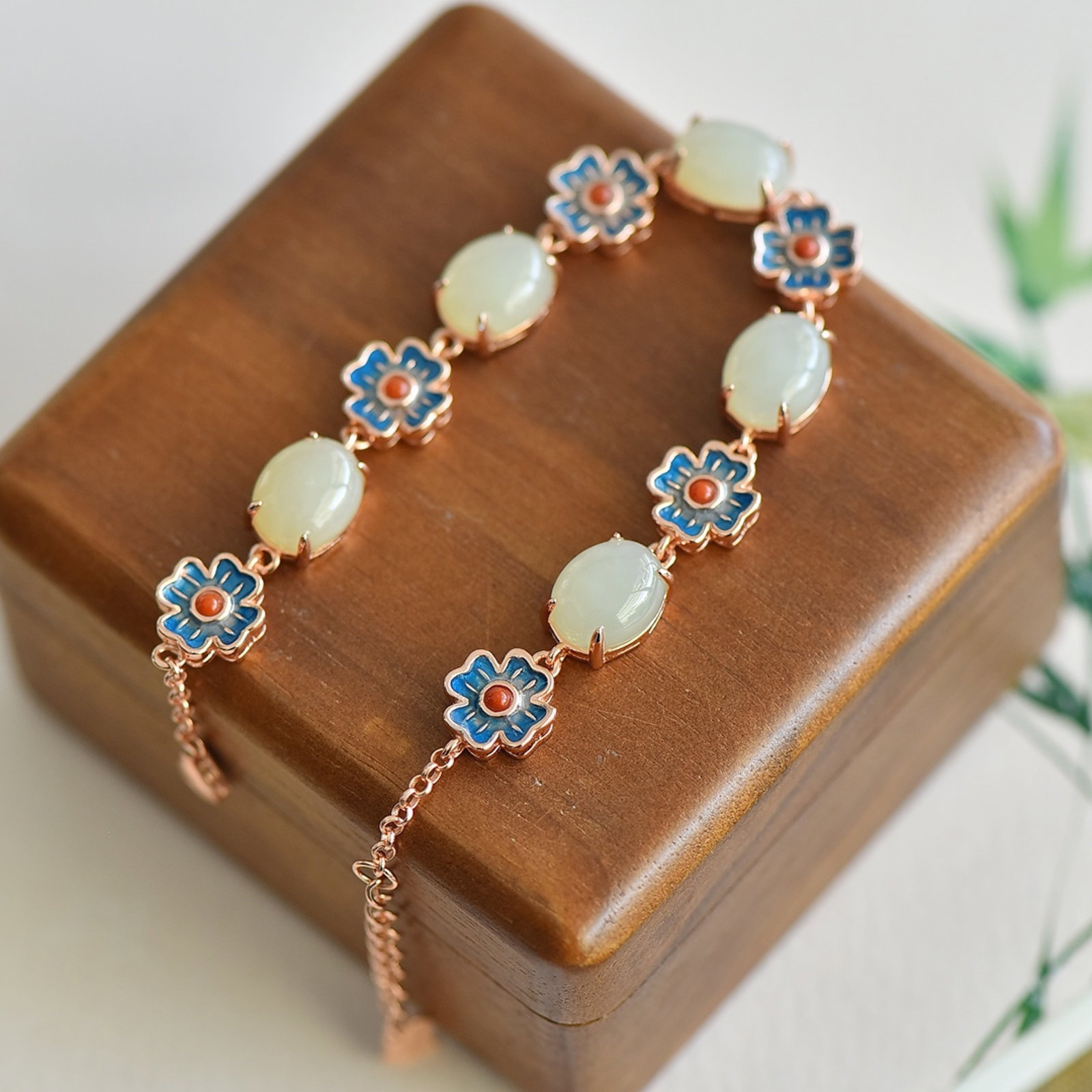 An Exquisite Sterling Silver-Gold Plated Inlaid White Jade Enamel Bracelets - 3
