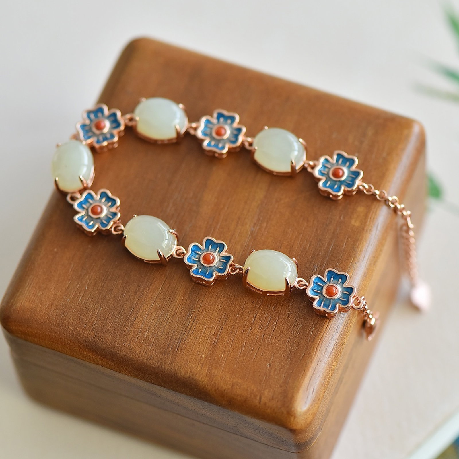 An Exquisite Sterling Silver-Gold Plated Inlaid White Jade Enamel Bracelets - 4