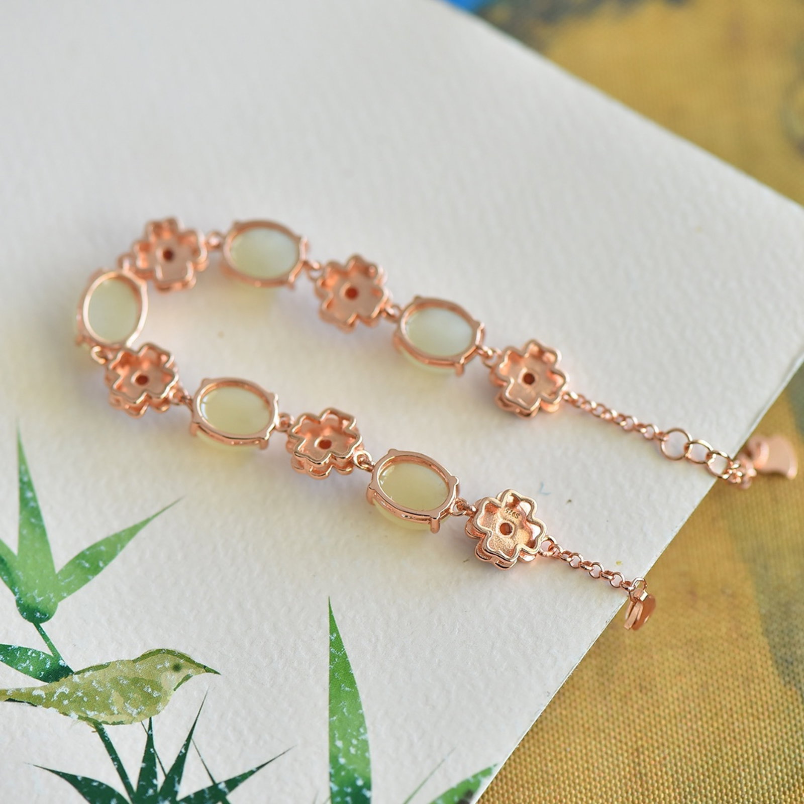 An Exquisite Sterling Silver-Gold Plated Inlaid White Jade Enamel Bracelets - 5