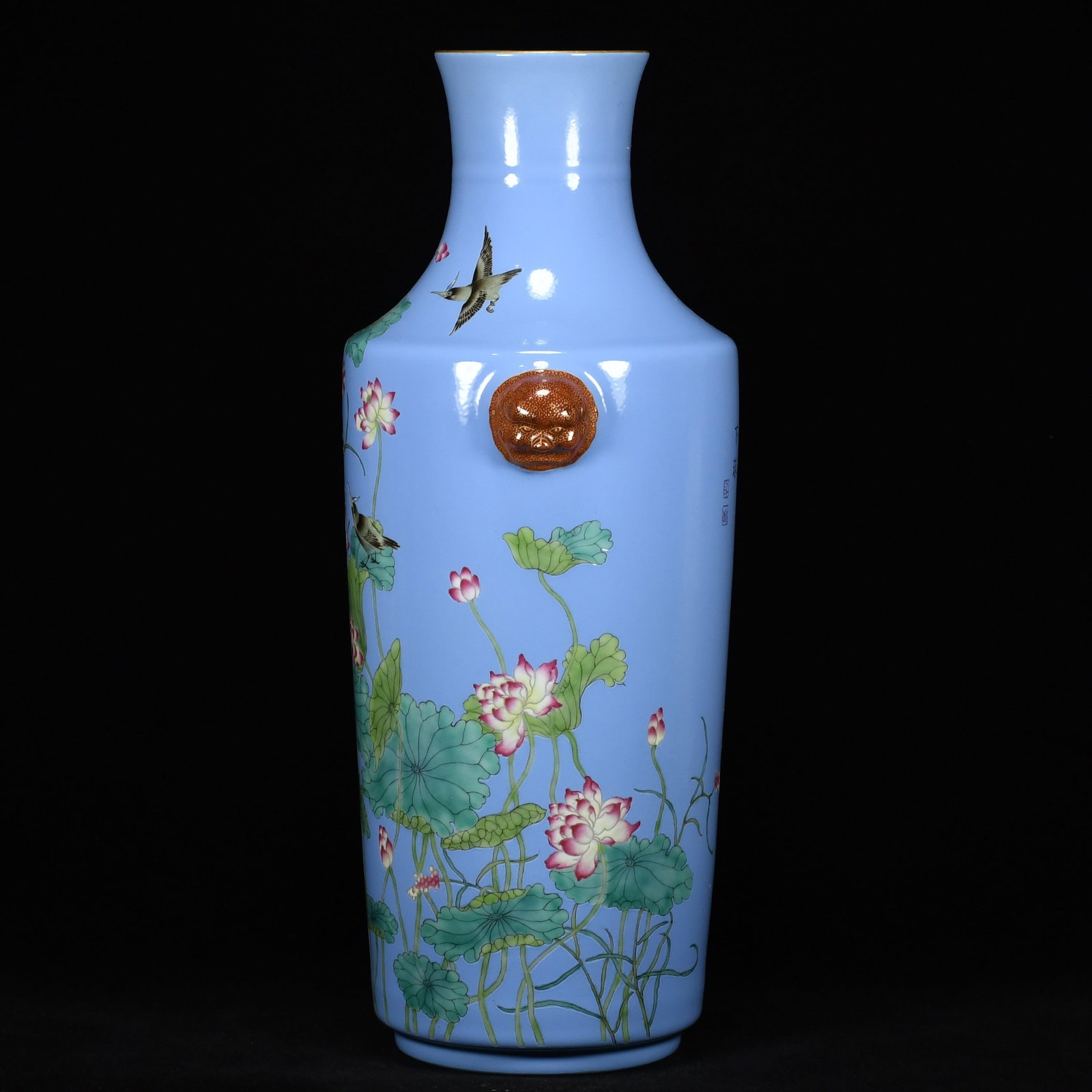 A Rare Guan yao Blue Glazed Enamel Painted Gold Flower and Bird Pattern Beast-Ears Vase,With Poem - 2