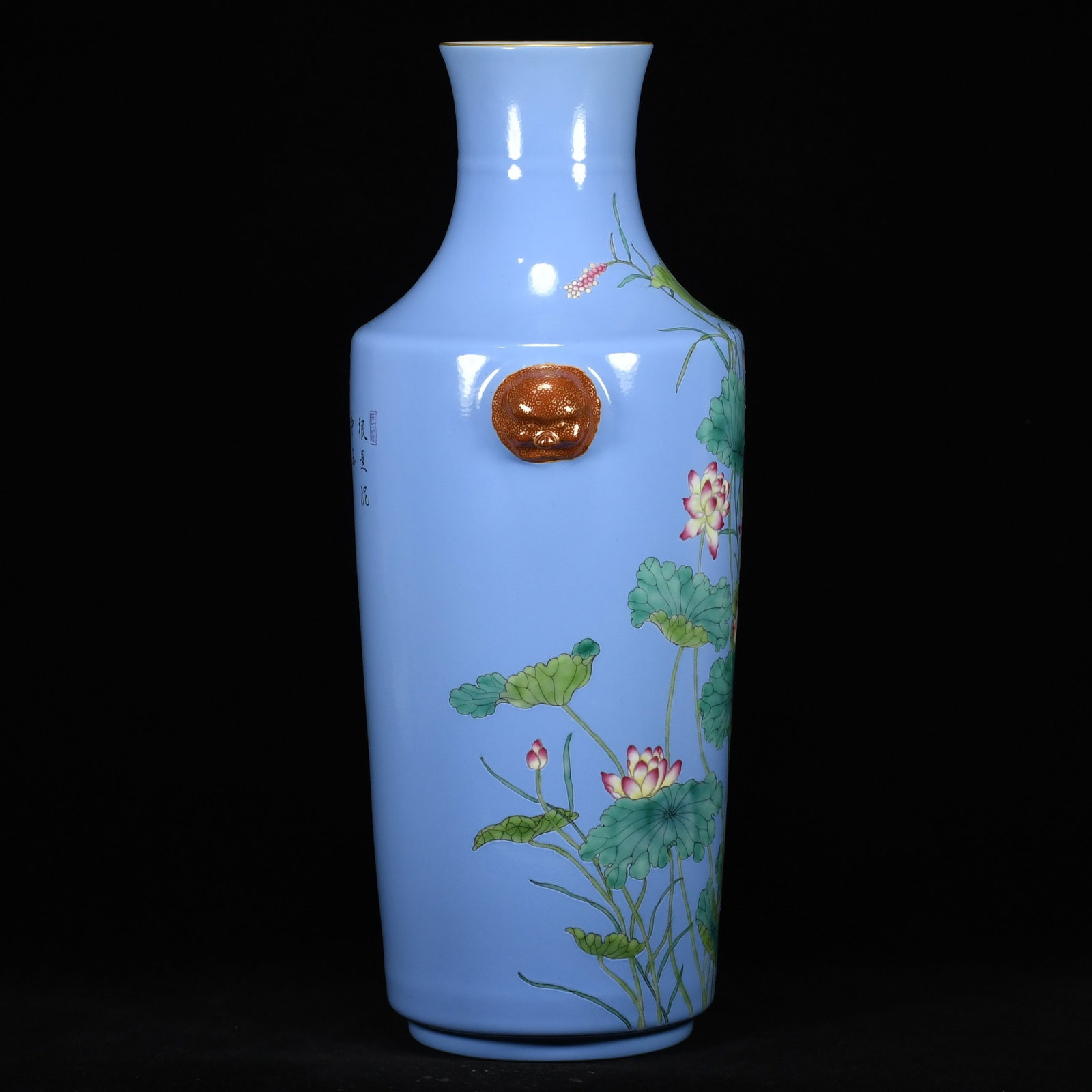 A Rare Guan yao Blue Glazed Enamel Painted Gold Flower and Bird Pattern Beast-Ears Vase,With Poem - 4