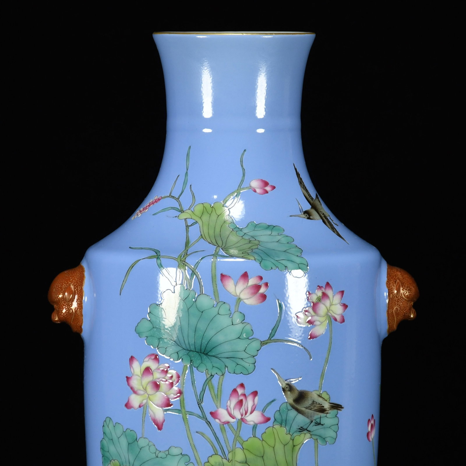 A Rare Guan yao Blue Glazed Enamel Painted Gold Flower and Bird Pattern Beast-Ears Vase,With Poem - 5
