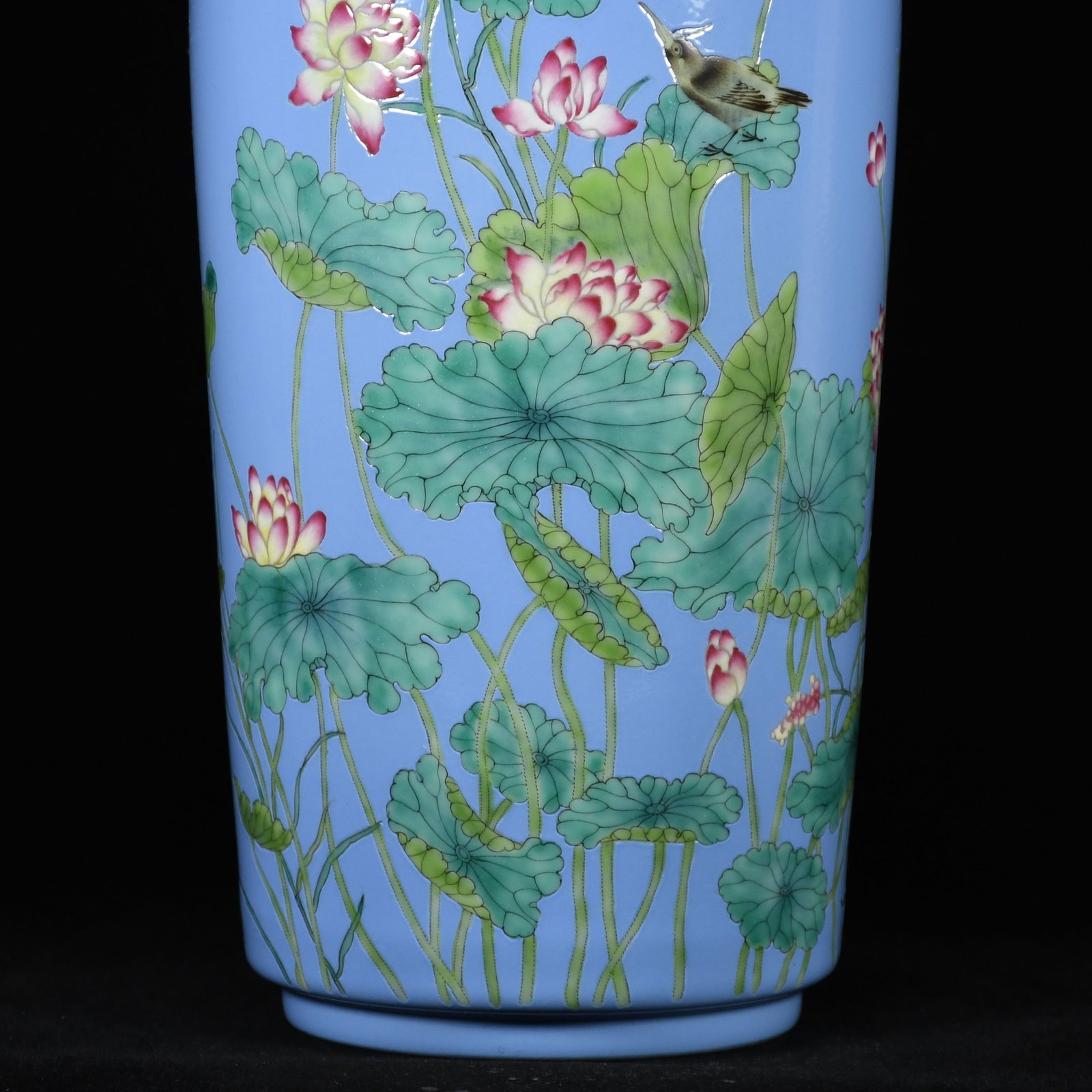 A Rare Guan yao Blue Glazed Enamel Painted Gold Flower and Bird Pattern Beast-Ears Vase,With Poem - 6
