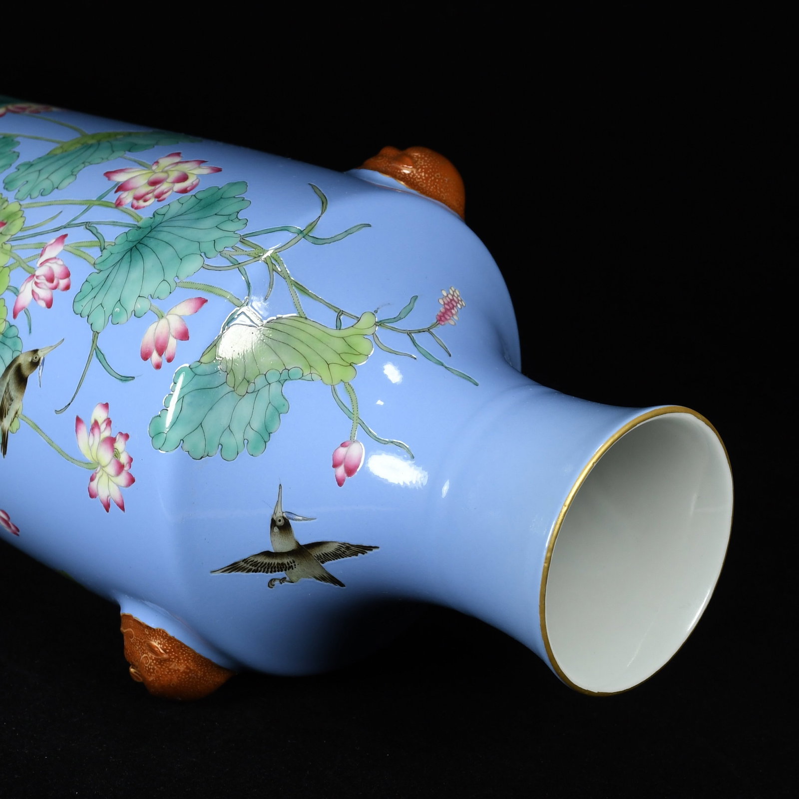 A Rare Guan yao Blue Glazed Enamel Painted Gold Flower and Bird Pattern Beast-Ears Vase,With Poem - 7