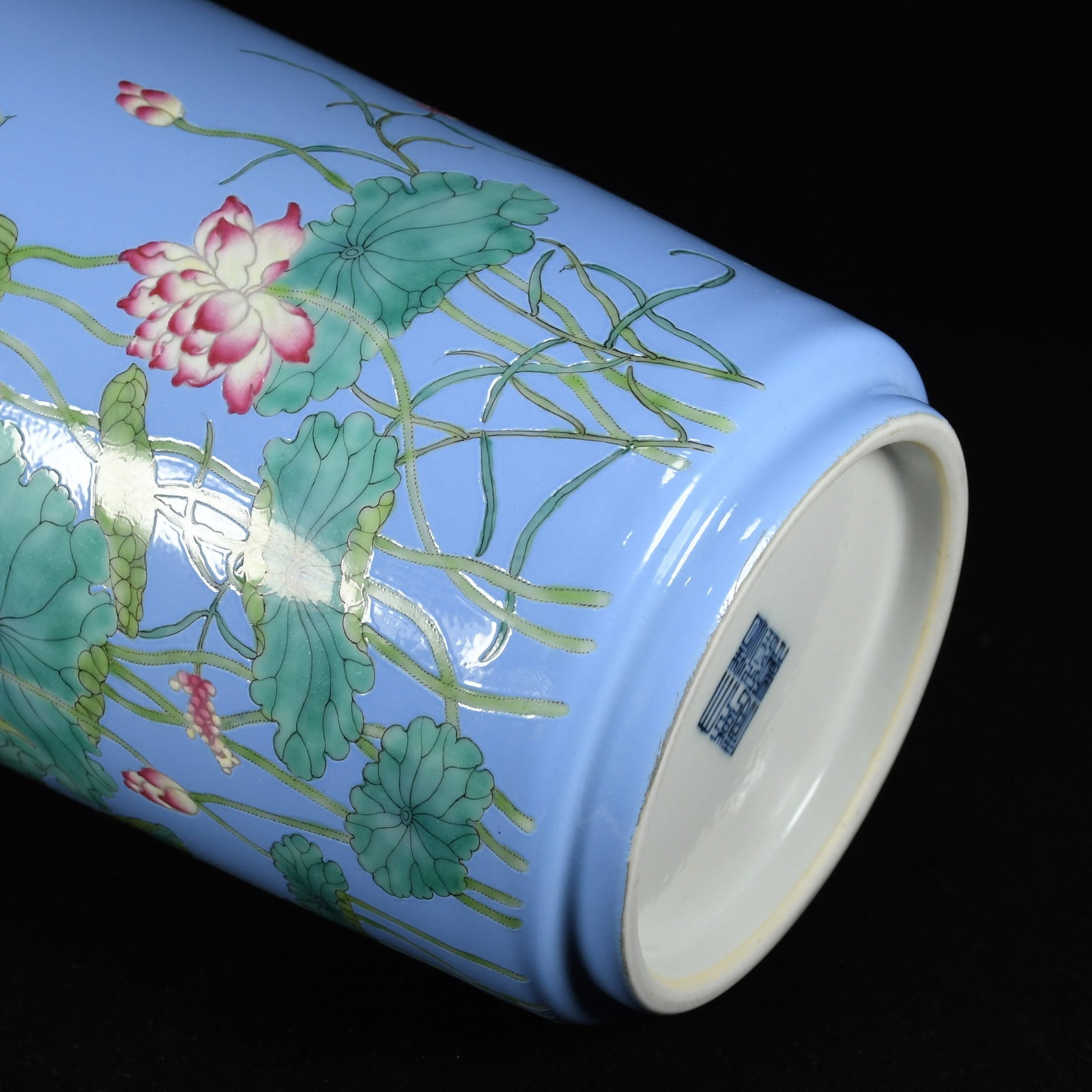 A Rare Guan yao Blue Glazed Enamel Painted Gold Flower and Bird Pattern Beast-Ears Vase,With Poem - 8
