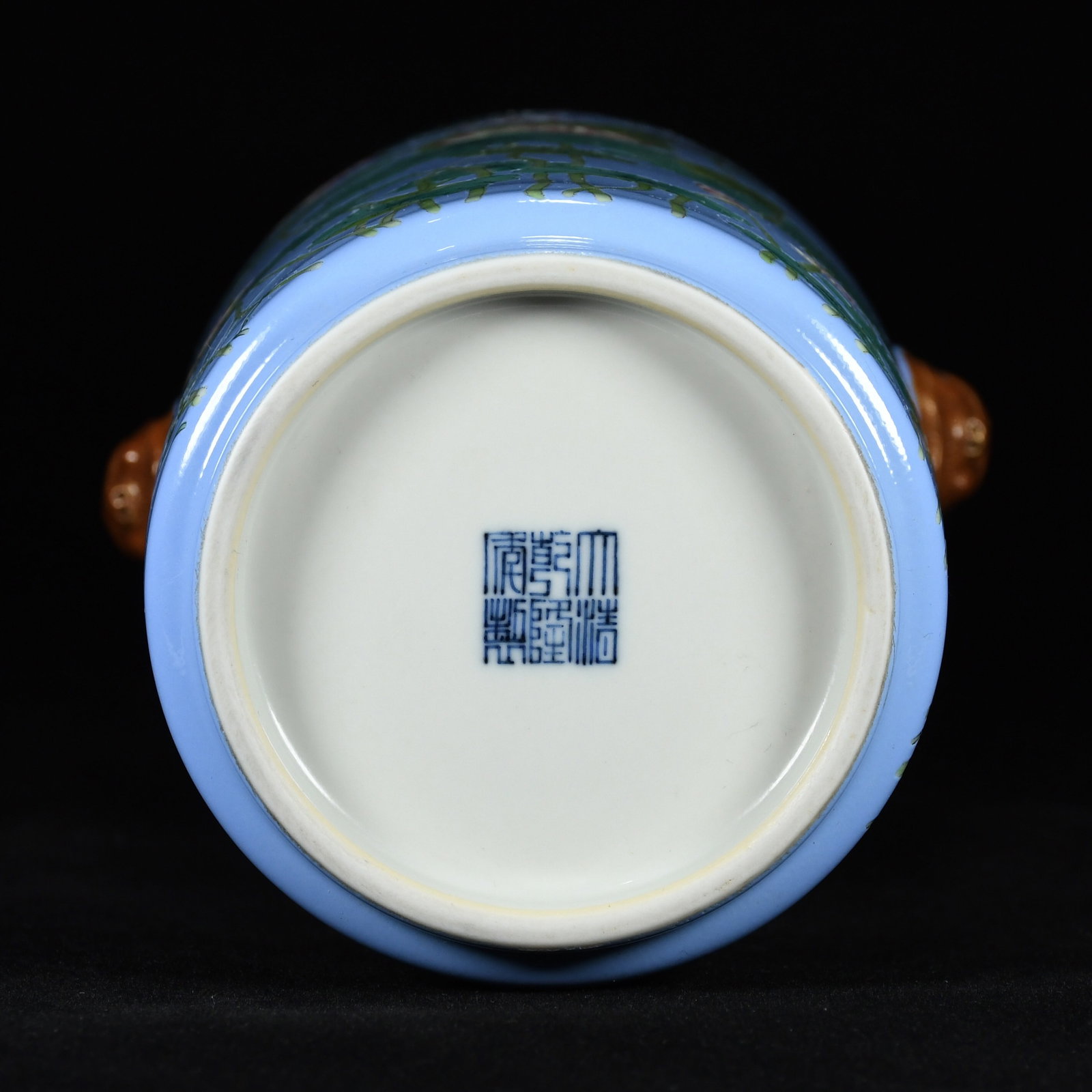 A Rare Guan yao Blue Glazed Enamel Painted Gold Flower and Bird Pattern Beast-Ears Vase,With Poem - 9