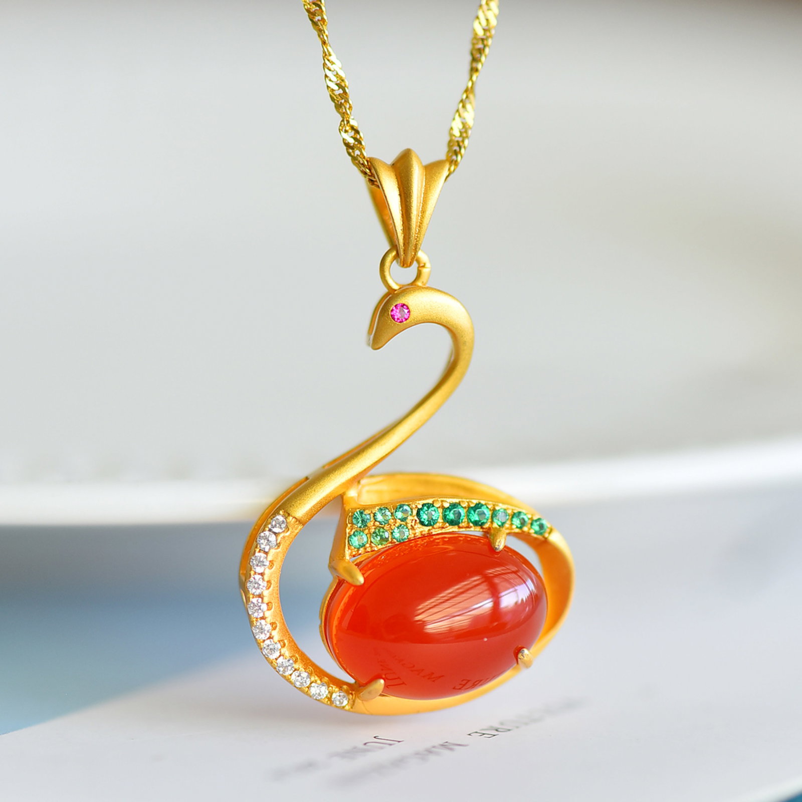 An Exquisite Sterling Silver-Gold Plated Inlaid Agate Pendant,Inlaid Diamond - 2