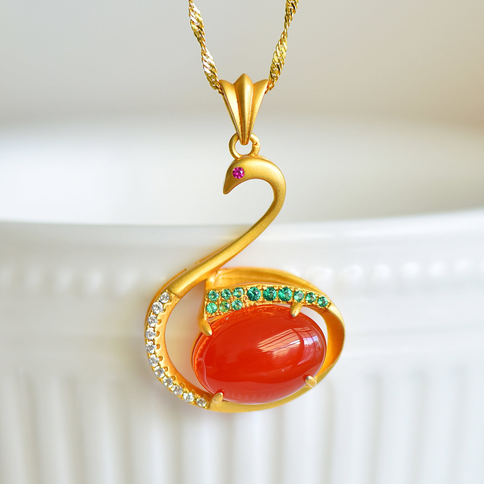 An Exquisite Sterling Silver-Gold Plated Inlaid Agate Pendant,Inlaid Diamond - 4
