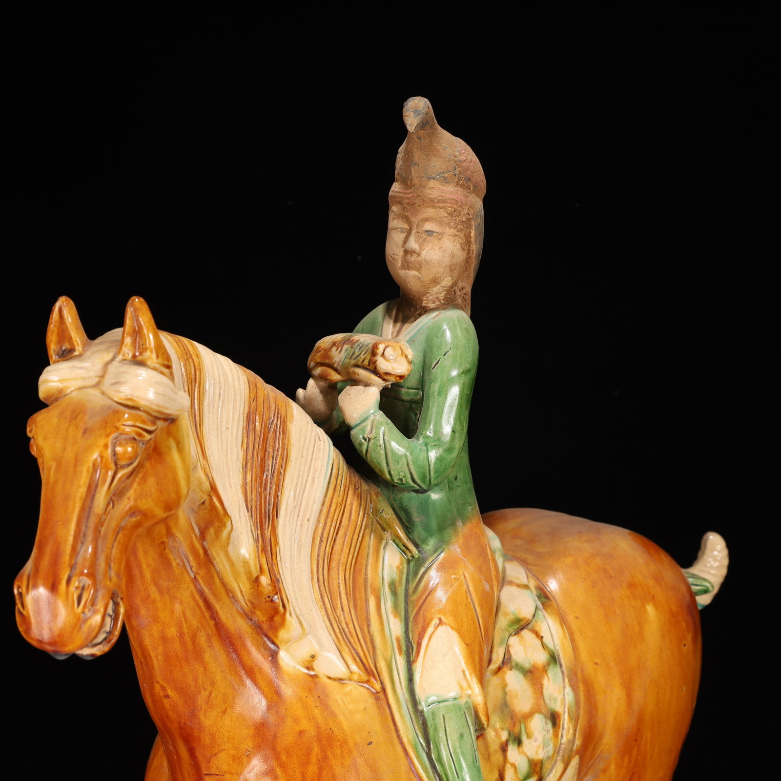 A Rare Tang Tri-Color Glazed Pottery Figure Riding Horse Ornament - 6