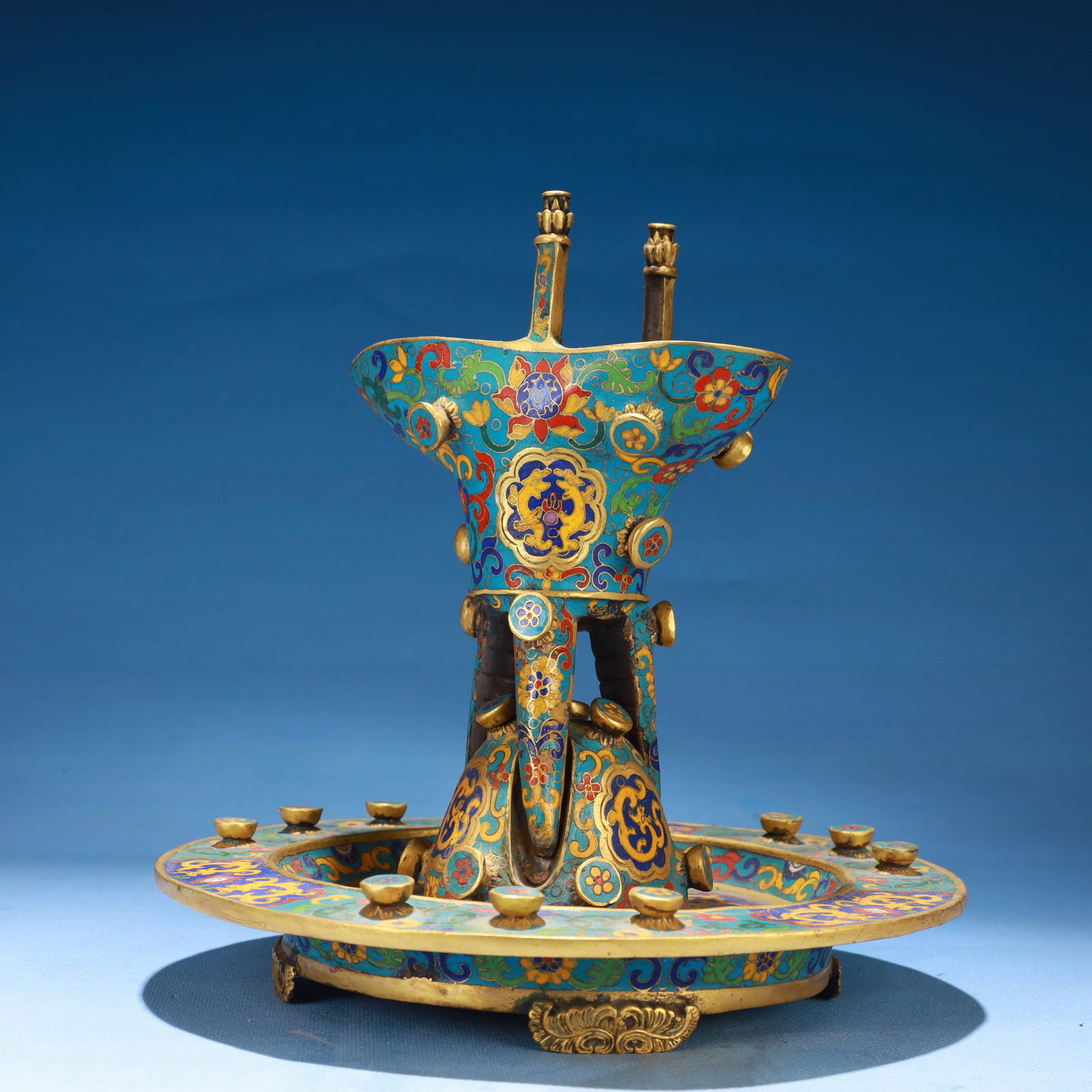 An Exquisite Cloisonne Lotus Pattern Tripod Libation Cup,with Base - 2