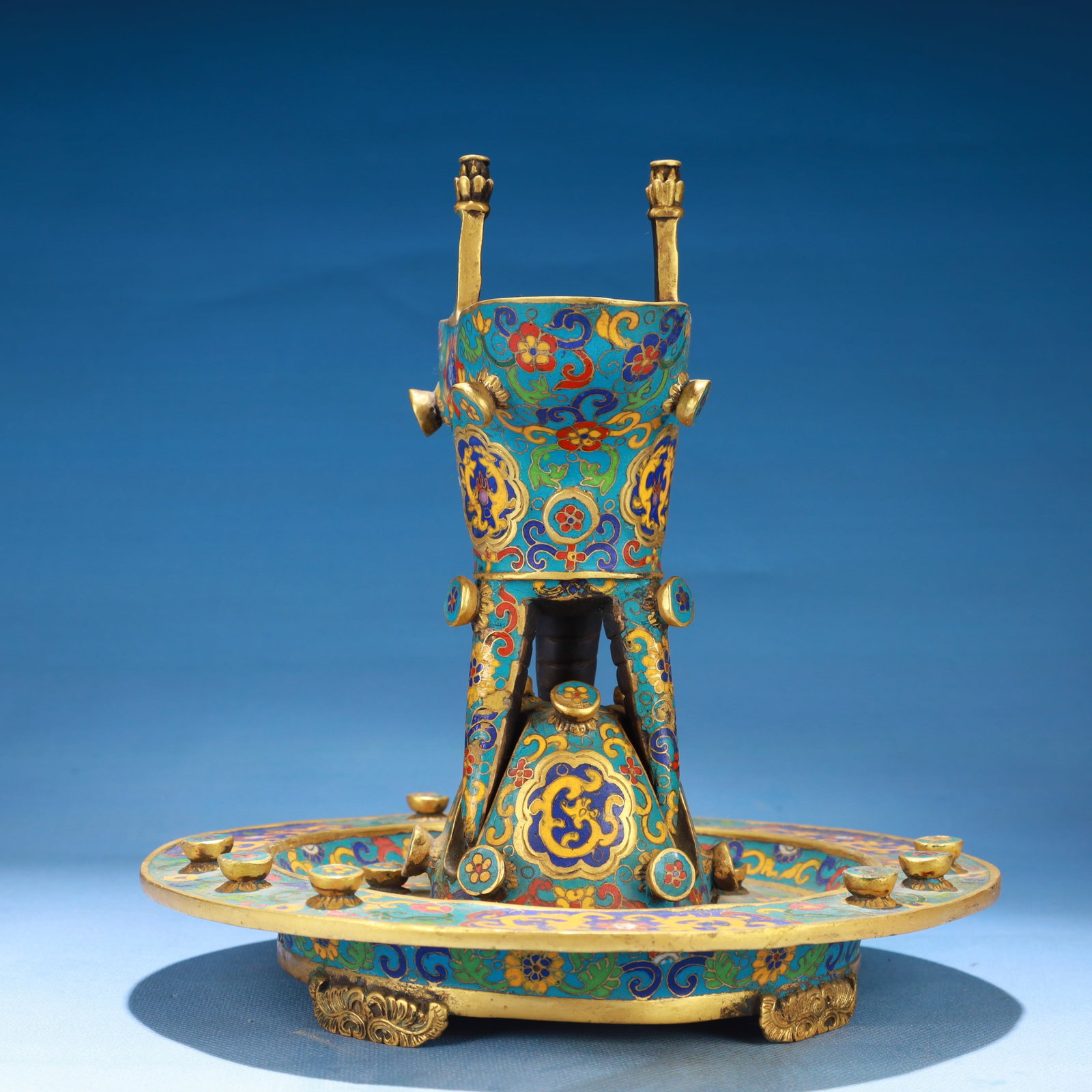 An Exquisite Cloisonne Lotus Pattern Tripod Libation Cup,with Base - 3