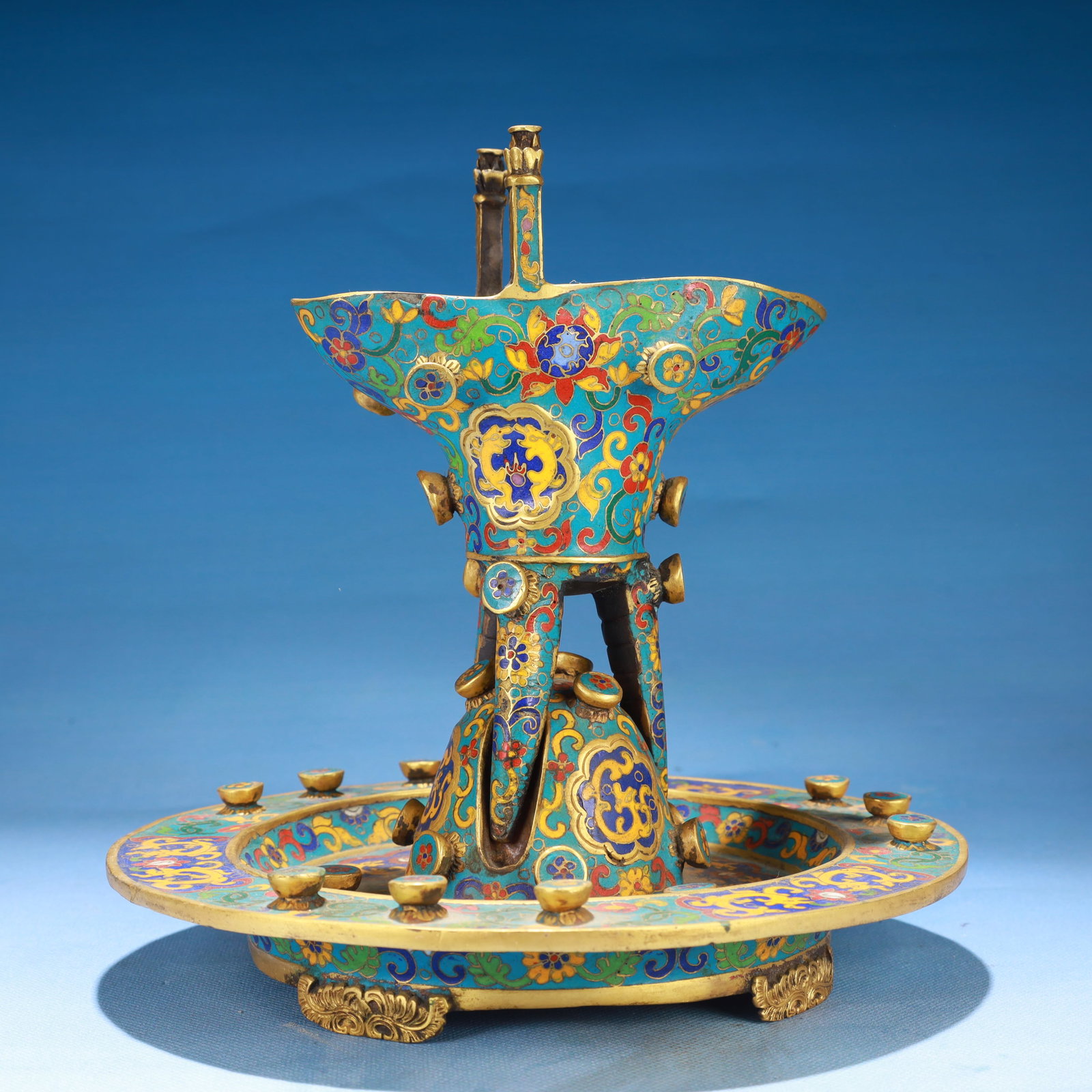 An Exquisite Cloisonne Lotus Pattern Tripod Libation Cup,with Base - 4