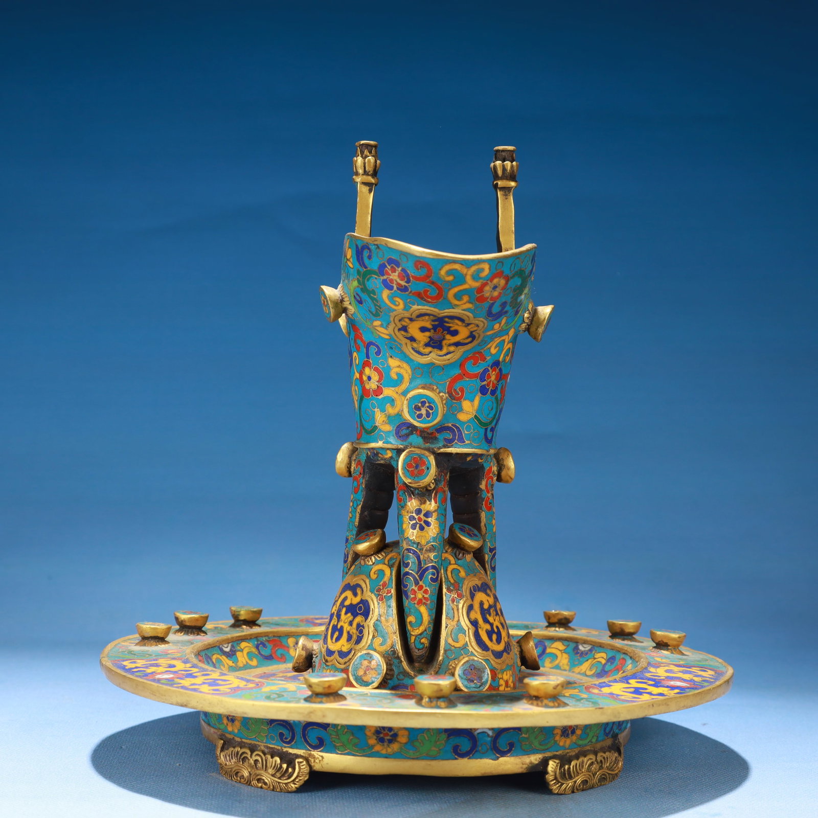 An Exquisite Cloisonne Lotus Pattern Tripod Libation Cup,with Base - 5