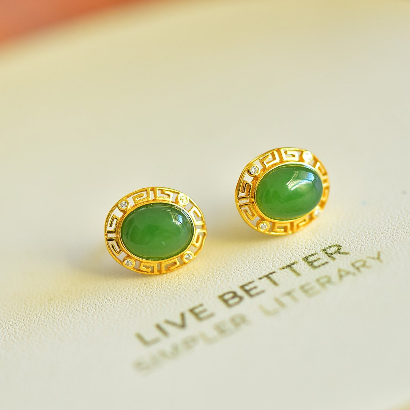 A Pair of Exquisite Sterling Silver-Gold Plated Inlaid Jasper Earring,Inlaid Diamonds: Estimated Value:200-400 A Pair of Exquisite Sterling Silver-Gold Plated Inlaid Jasper Earring,Inlaid Diamonds,Size:7mmx9mm
