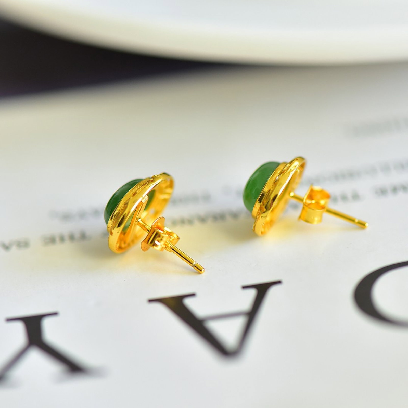 A Pair of Exquisite Sterling Silver-Gold Plated Inlaid Jasper Earring,Inlaid Diamonds - 3