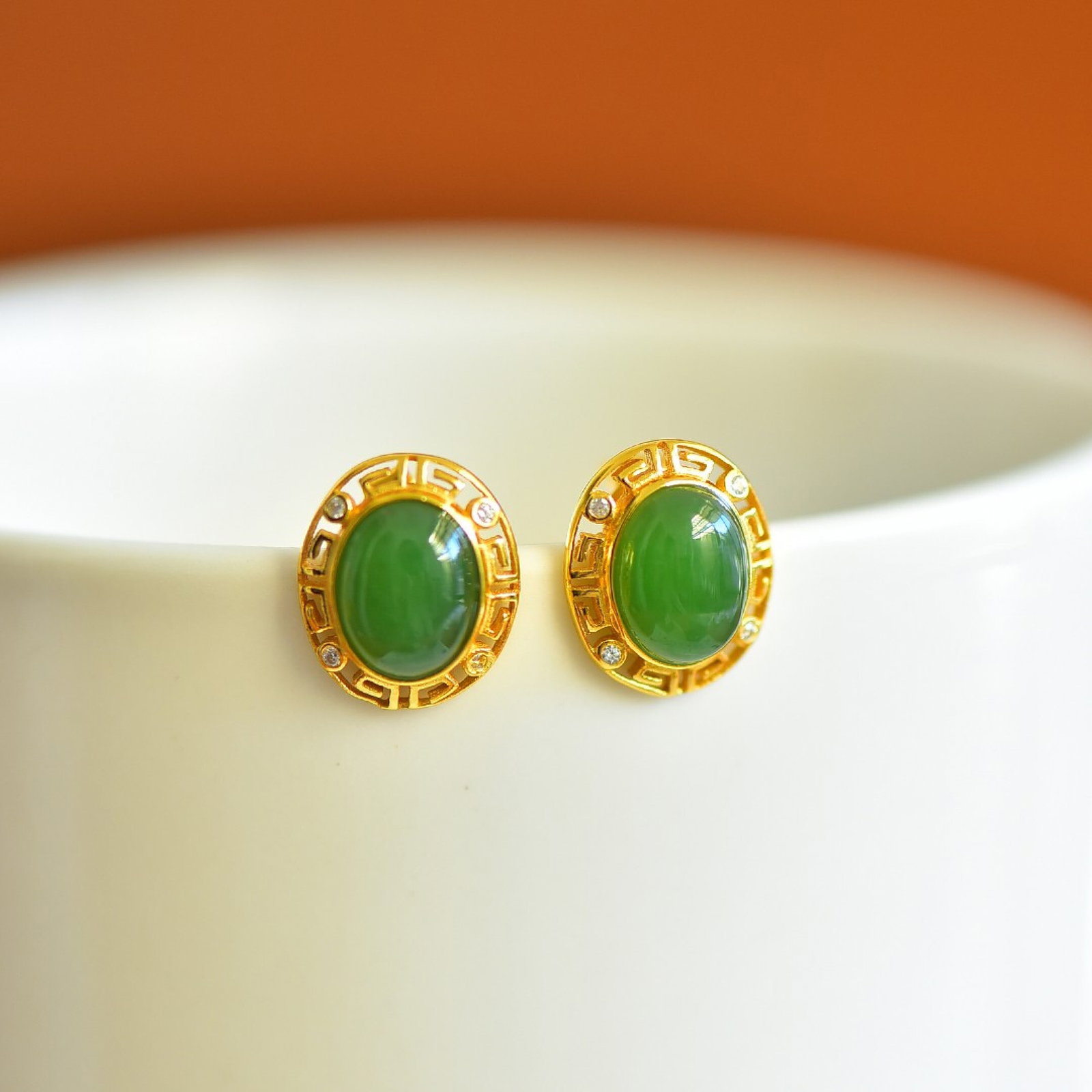 A Pair of Exquisite Sterling Silver-Gold Plated Inlaid Jasper Earring,Inlaid Diamonds - 5