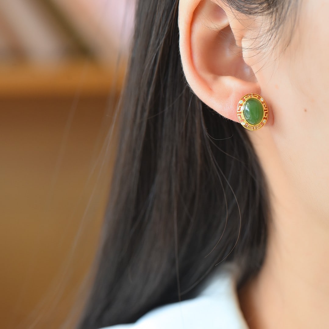 A Pair of Exquisite Sterling Silver-Gold Plated Inlaid Jasper Earring,Inlaid Diamonds - 6