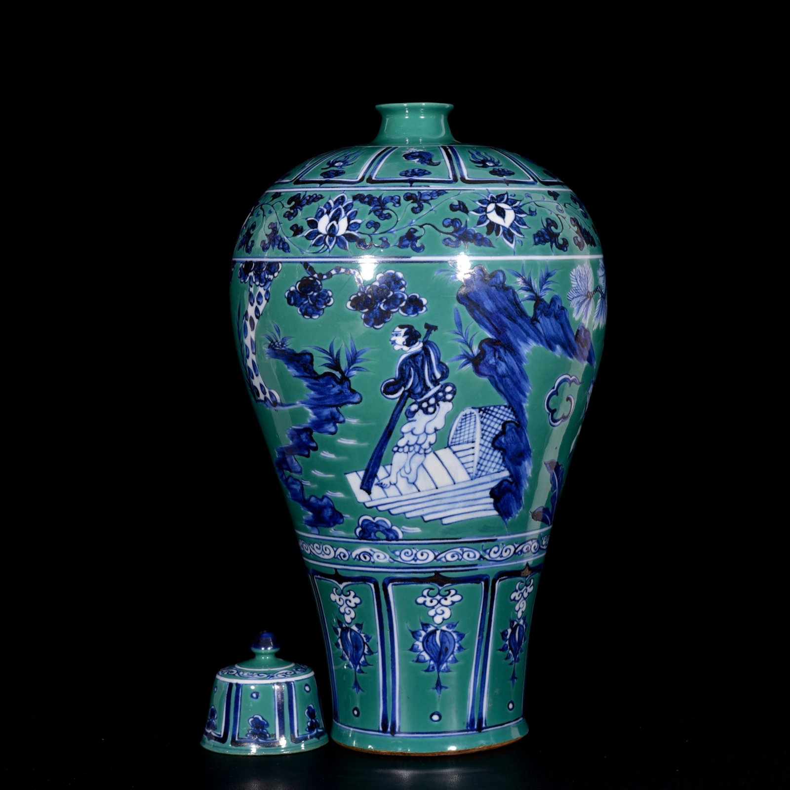 A Huge Blue and White Green Ground Character and Story Pattern Bottle - 7