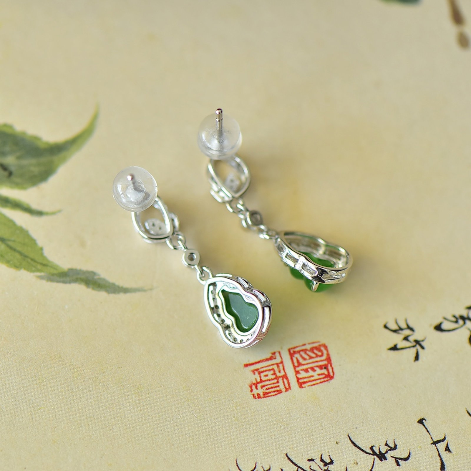 A Pair of Exquisite Sterling Silver Inlaid Jasper Gourd Earrings,Inlaid Gems - 5