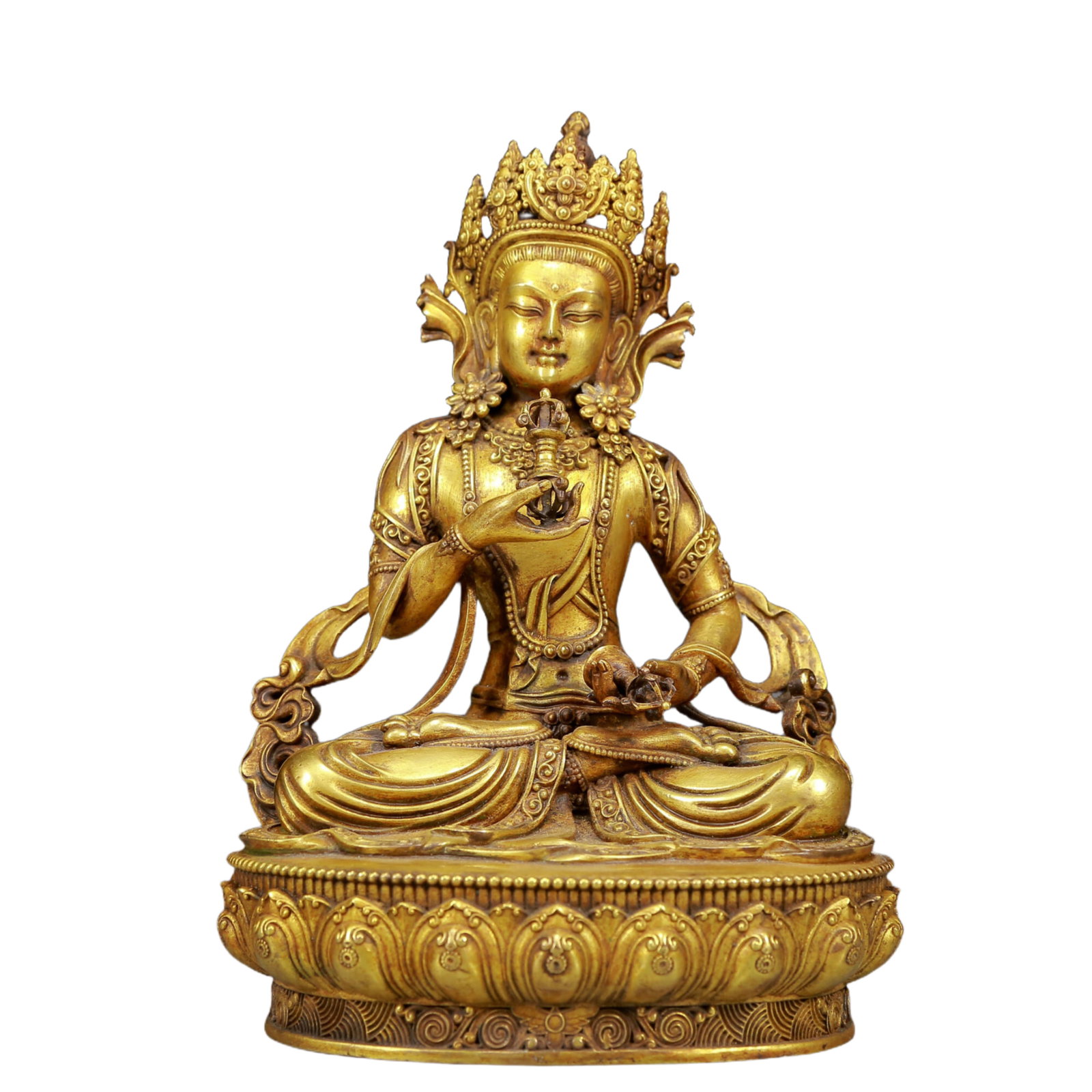 A Solemn Gilt Bronze Statue of Vajrasattva: Estimated Value:3800-7600 A Solemn Gilt Bronze Statue of Vajrasattva,Ming Dynasty, China,Size:5.9inx4.3inx8.5in,Weight:1915g