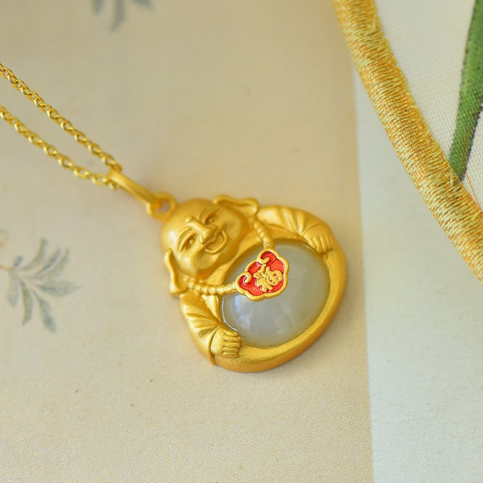 An Exquisite Sterling Silver-Gold Plated Inlaid White Jade Pendant - 2