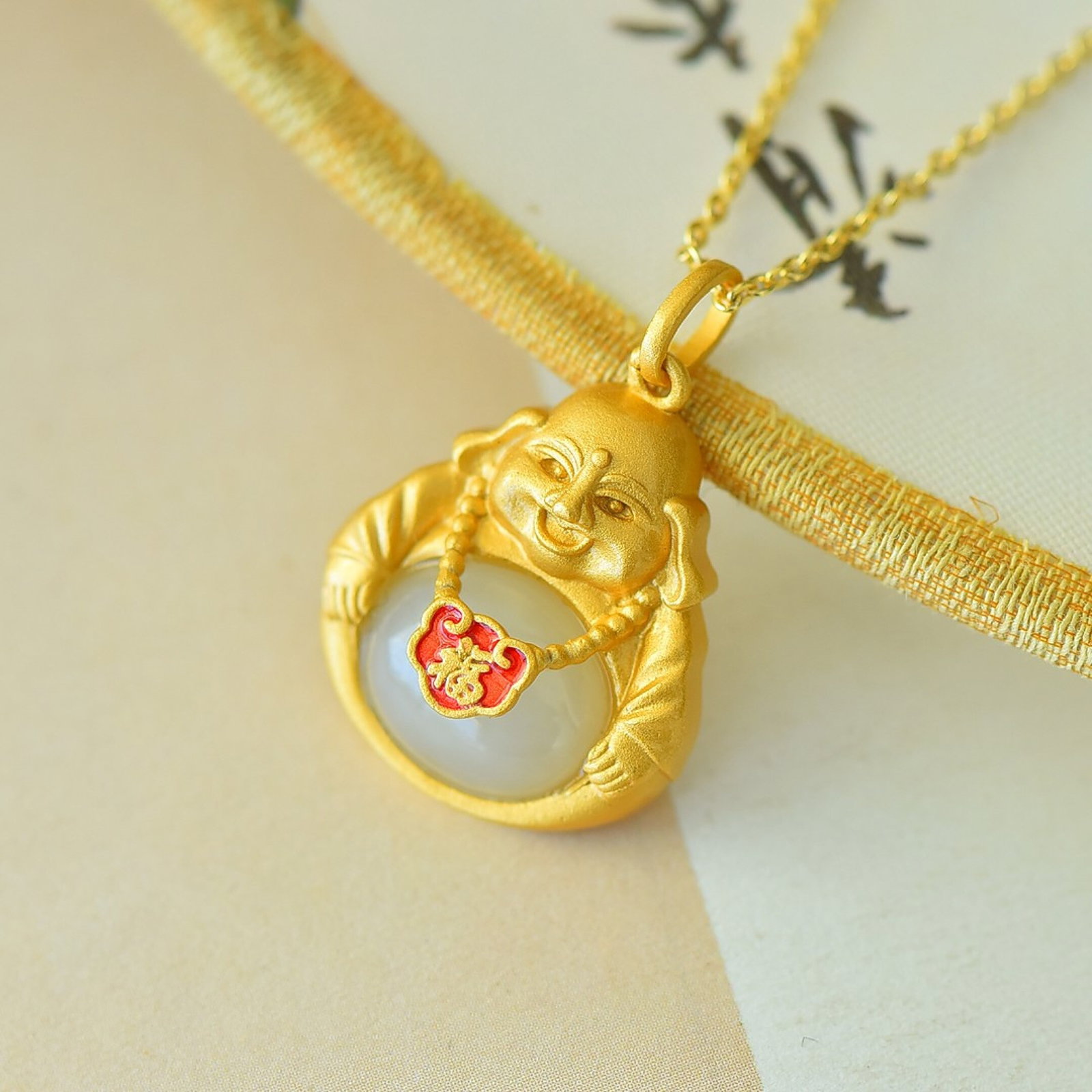 An Exquisite Sterling Silver-Gold Plated Inlaid White Jade Pendant - 4