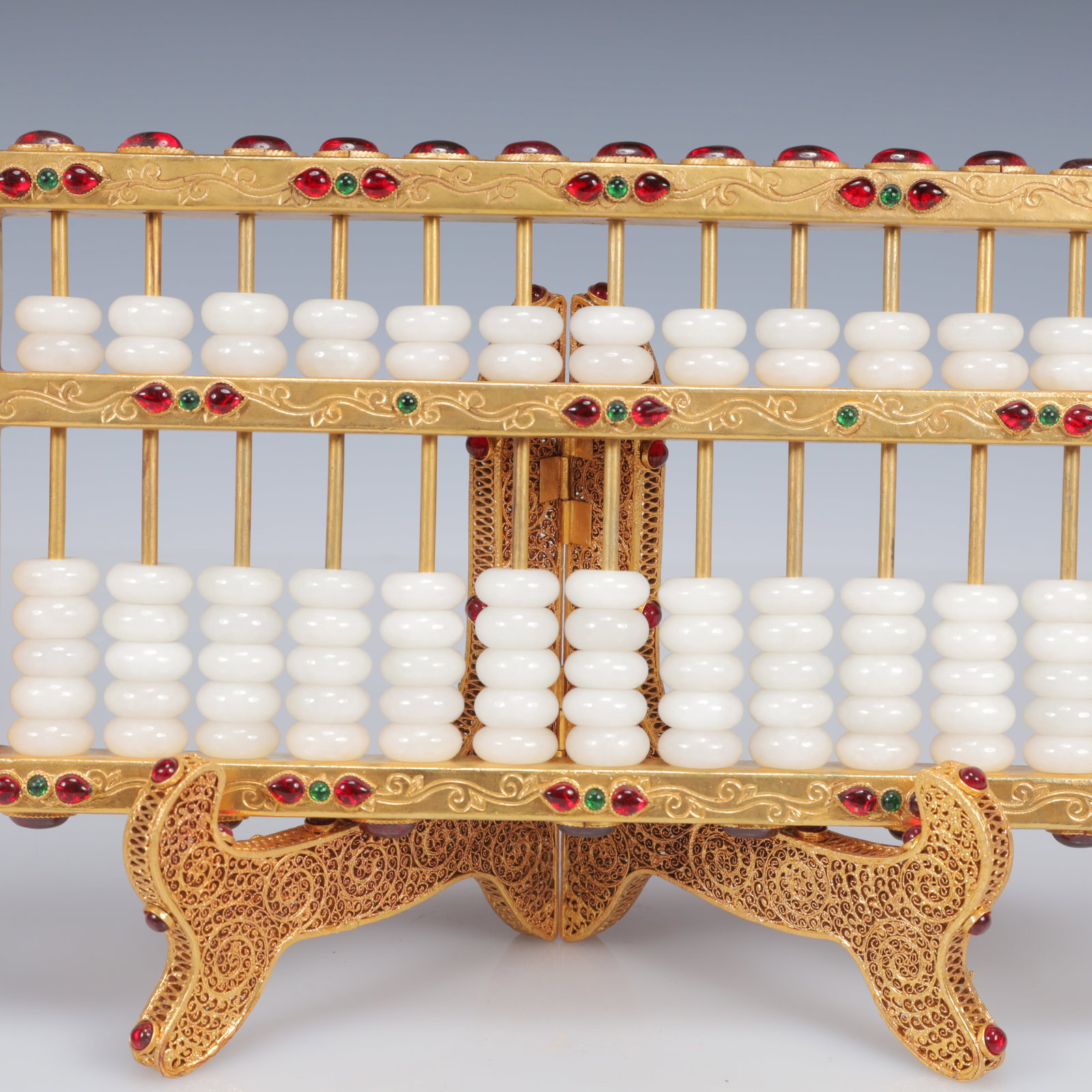 An Exquisite Filigree and Gilding Inlaid White Jade Suanpan,Inlaid Gems - 3