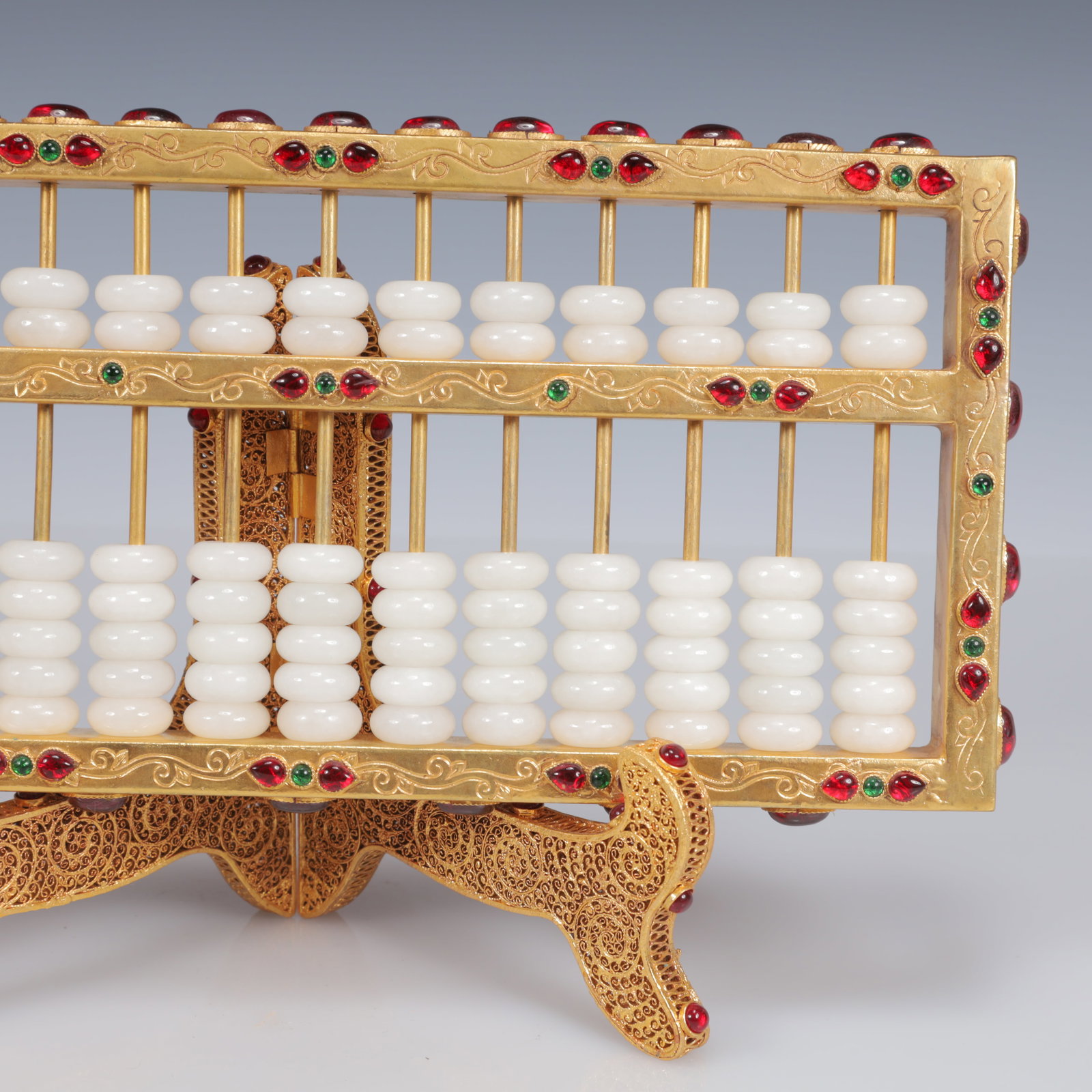 An Exquisite Filigree and Gilding Inlaid White Jade Suanpan,Inlaid Gems - 4
