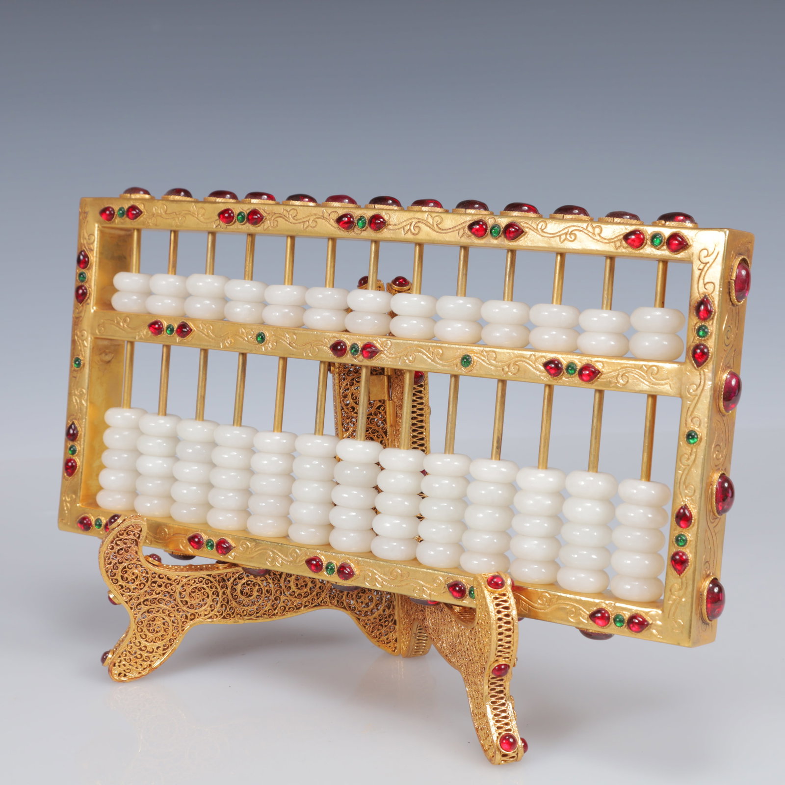 An Exquisite Filigree and Gilding Inlaid White Jade Suanpan,Inlaid Gems - 5