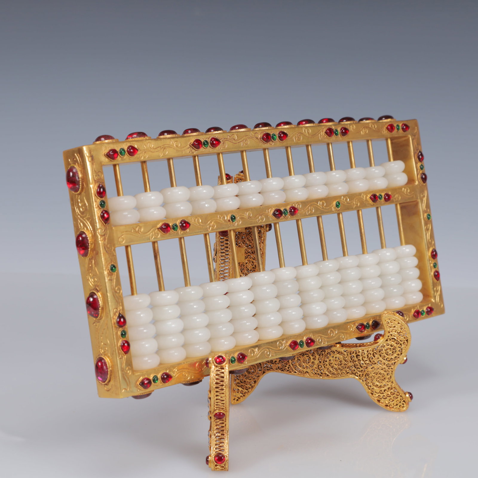 An Exquisite Filigree and Gilding Inlaid White Jade Suanpan,Inlaid Gems - 6