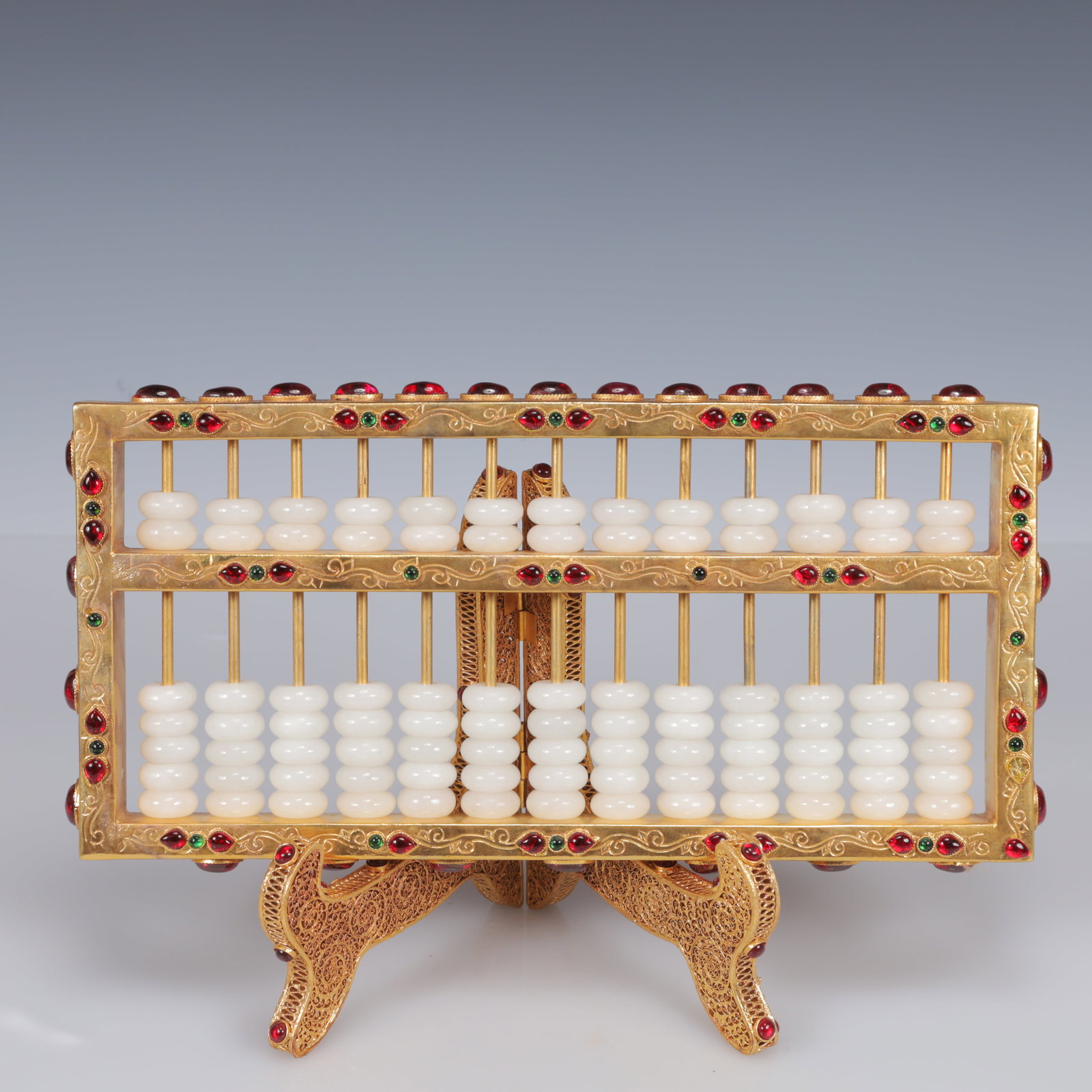 An Exquisite Filigree and Gilding Inlaid White Jade Suanpan,Inlaid Gems - 7