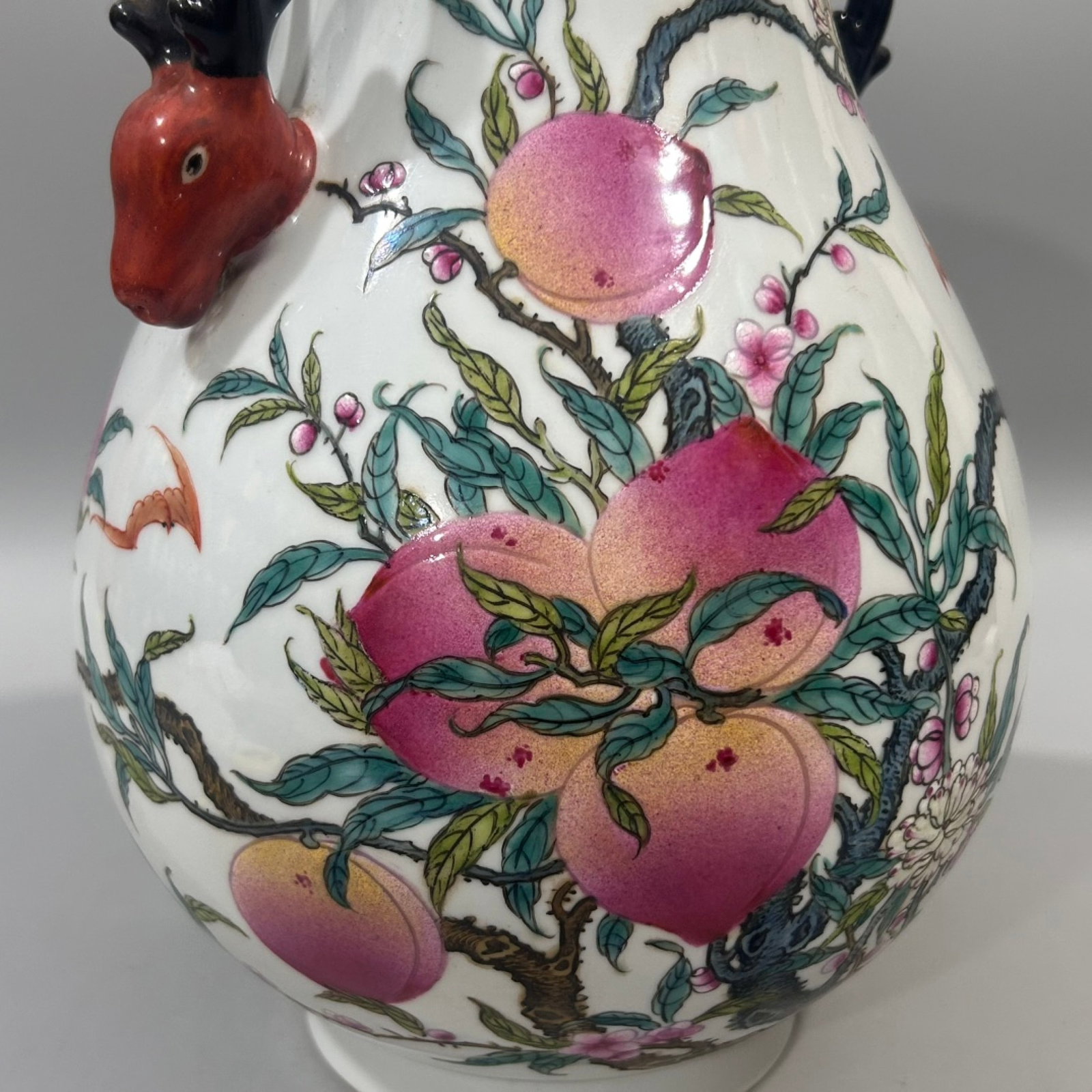 An Exquisite Famille-Rose Painted Gold Bats and Peach Pattern Deer-Ears Vase - 2