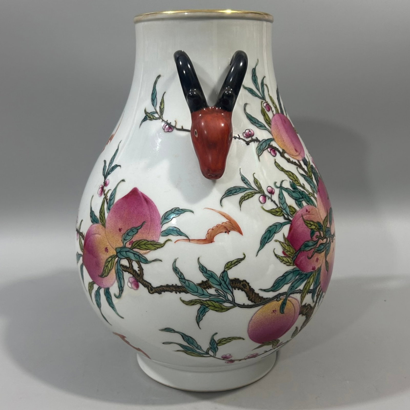 An Exquisite Famille-Rose Painted Gold Bats and Peach Pattern Deer-Ears Vase - 3