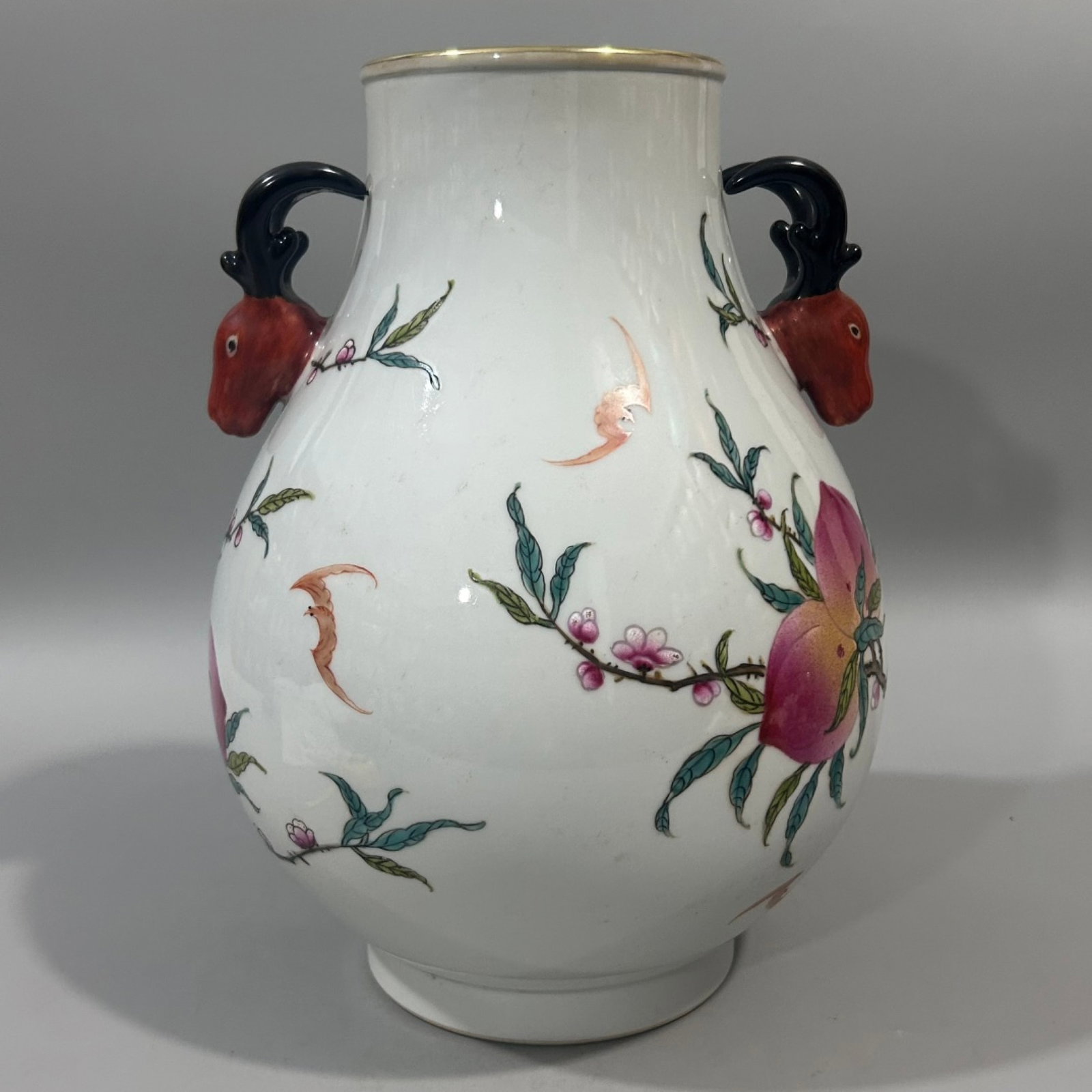 An Exquisite Famille-Rose Painted Gold Bats and Peach Pattern Deer-Ears Vase - 4