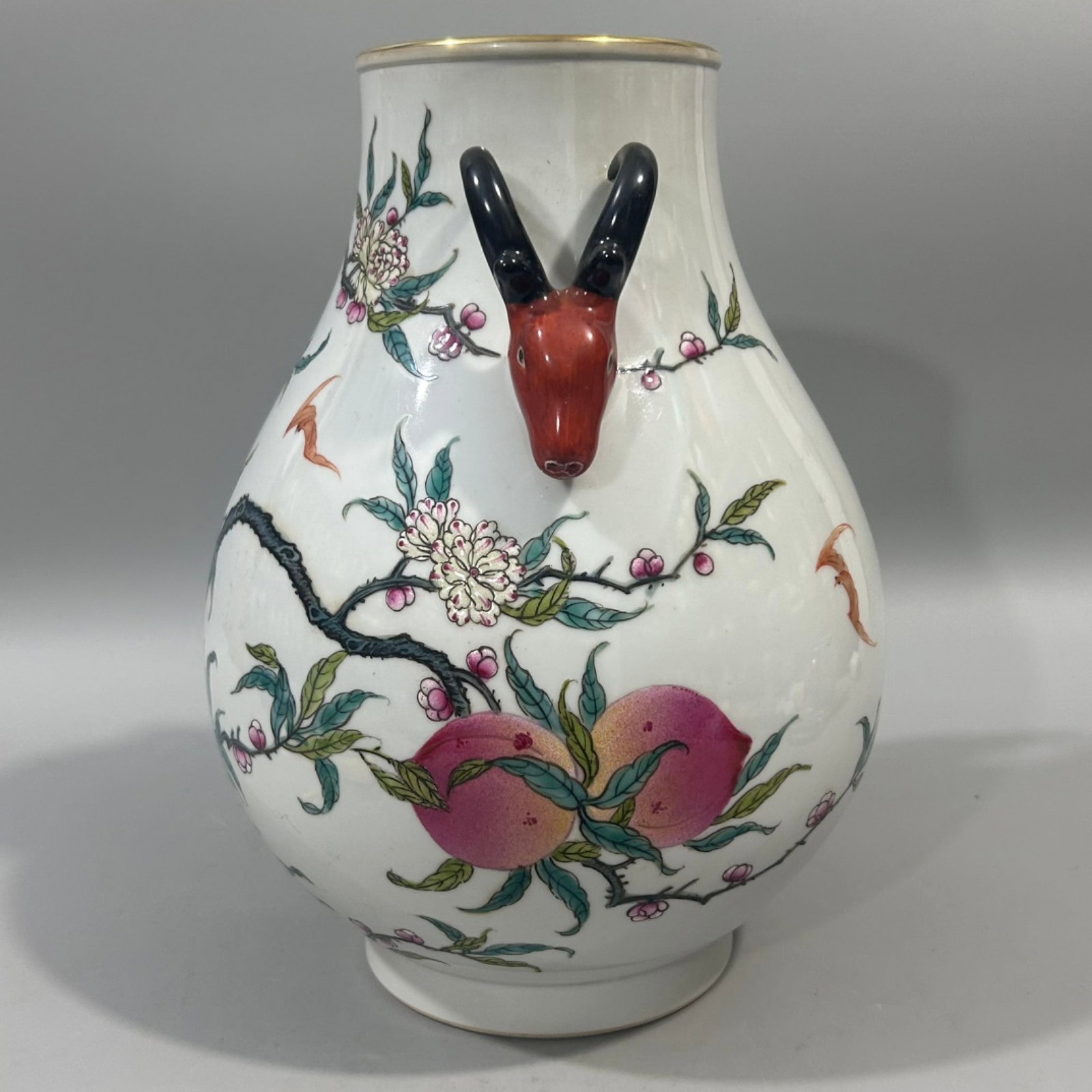 An Exquisite Famille-Rose Painted Gold Bats and Peach Pattern Deer-Ears Vase - 5